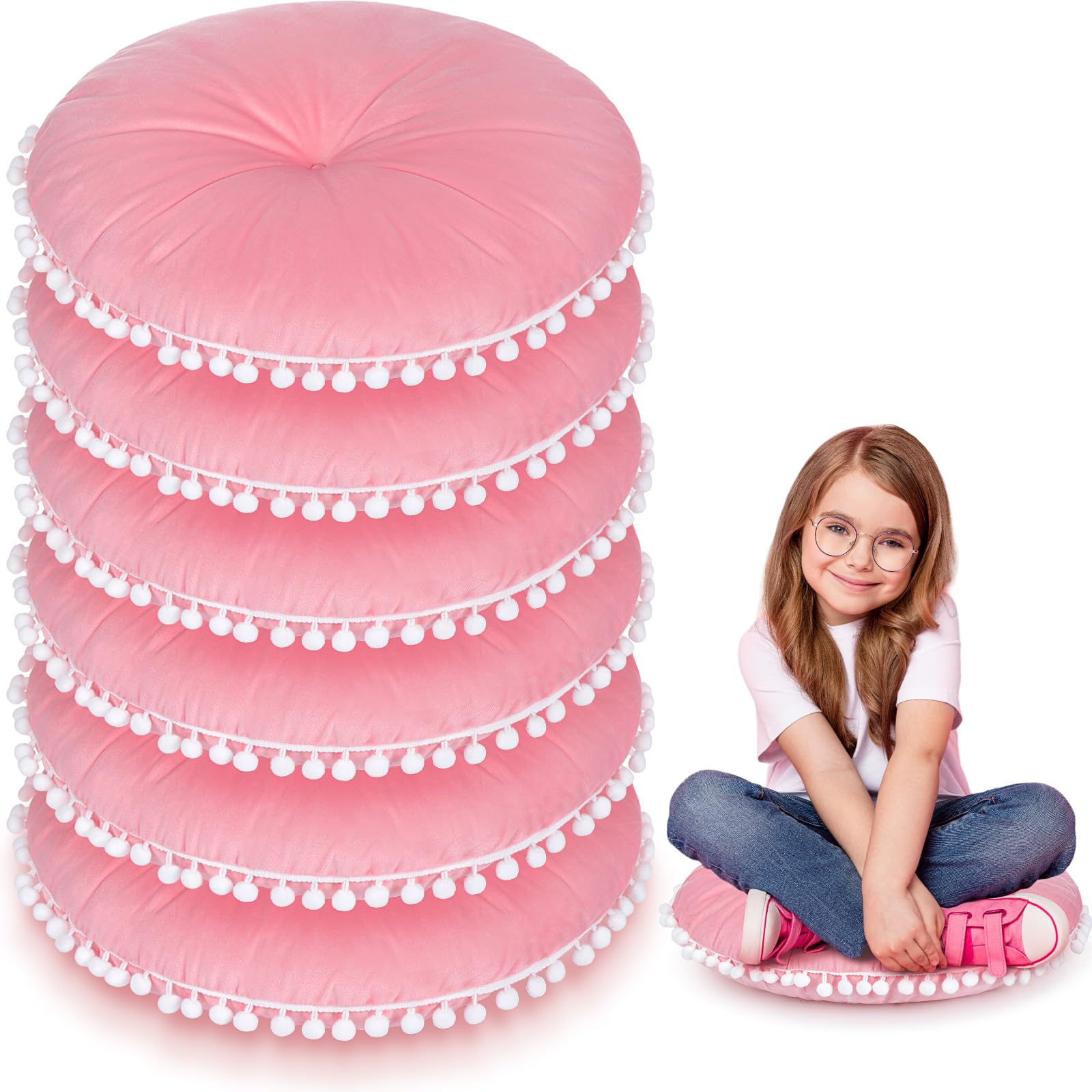 6 Pcs 15 Inch Floor Pillow for Classroom Round Floor Cushion Flexible Dutch Velvet Corner Reading Cushion Seat for Kid Adult Preschool Playroom Daycare Nursery Picnic Elementary(Pink)