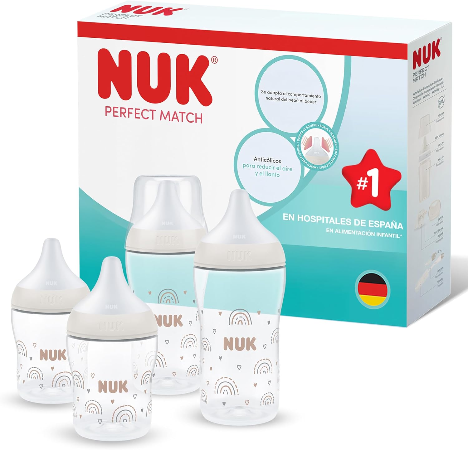 NUK Perfect Match Biberón | 0-3+ meses | 150 ml & 260 ml | Biberón anticólicos recién nacido | PP | Indicador de control de temperatura | Arcoíris | 4 unidades