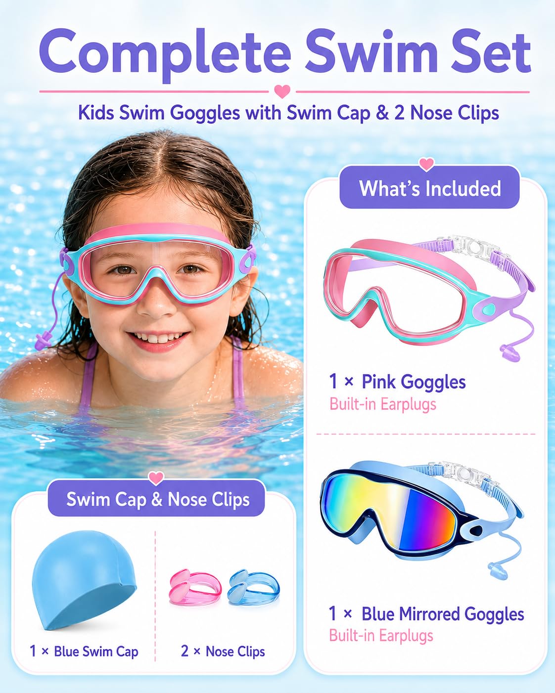 Gafas de natación para niños, paquete de 2, protección UV antivaho, gorro de natación, funda, gafas de natación para niños de 3 a 15 años