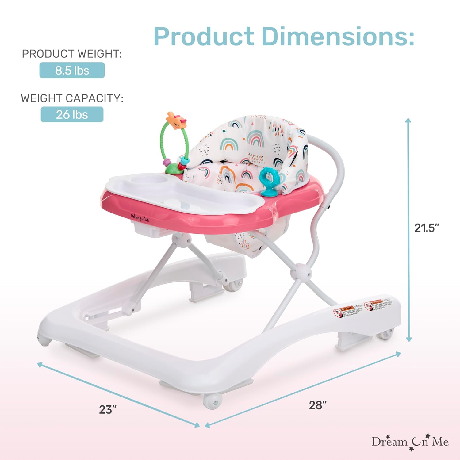 Dream On Me Mia Foldable Baby Walker in Pink, Foldable Walker with Adjustable Heights, Removable, Machine Washable High-Back Padded Seat, Suitable for 6-12 Months