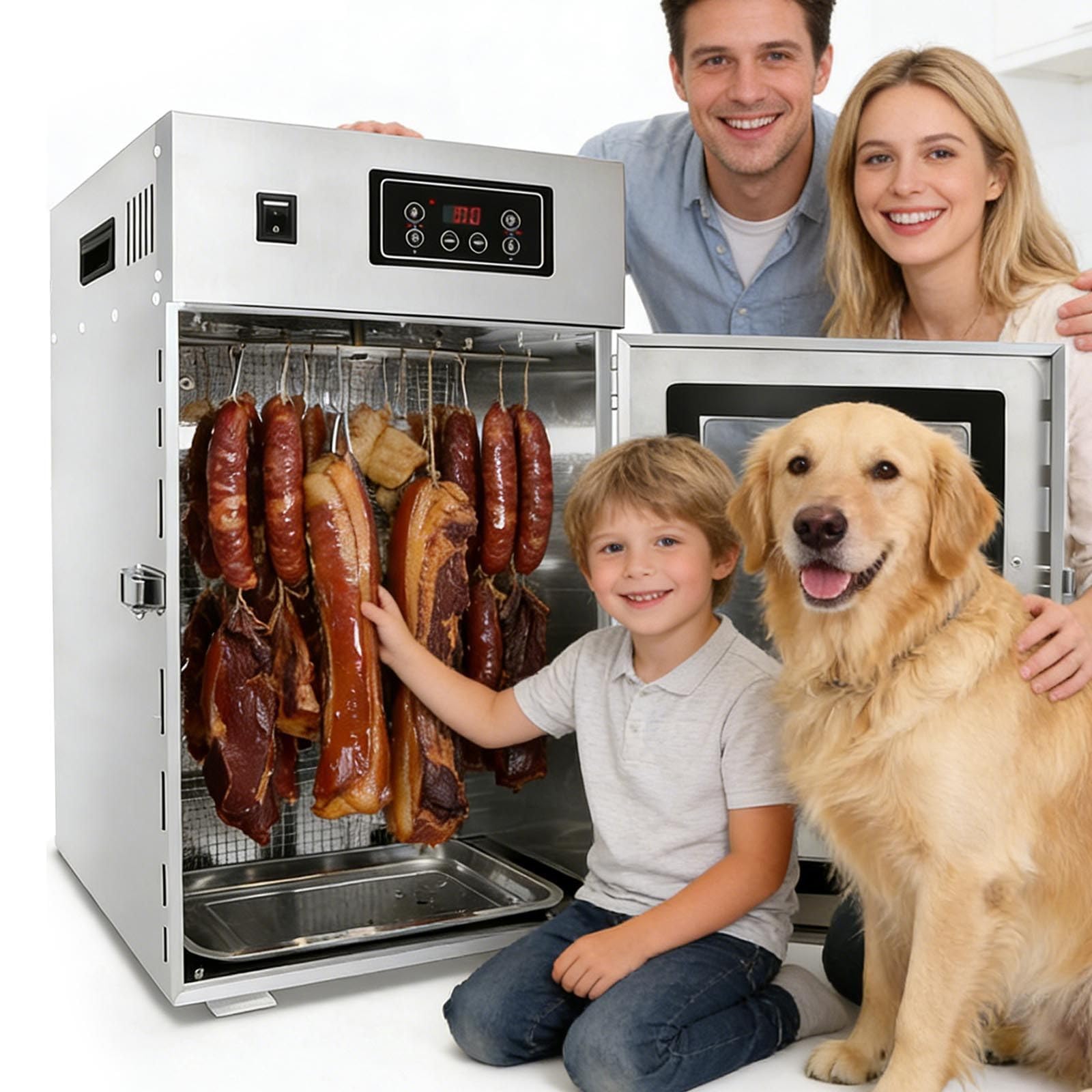 Trockenschrank FüR Fleisch | DöRrautomat Edelstahl | Dry Aged Reifeschrank-14 Haken,Temperaturregelung 30-90℃/360° Drehbar FüR WüRstchen, Speck, HäHnchen, Ente, Fisch Rindfleisch