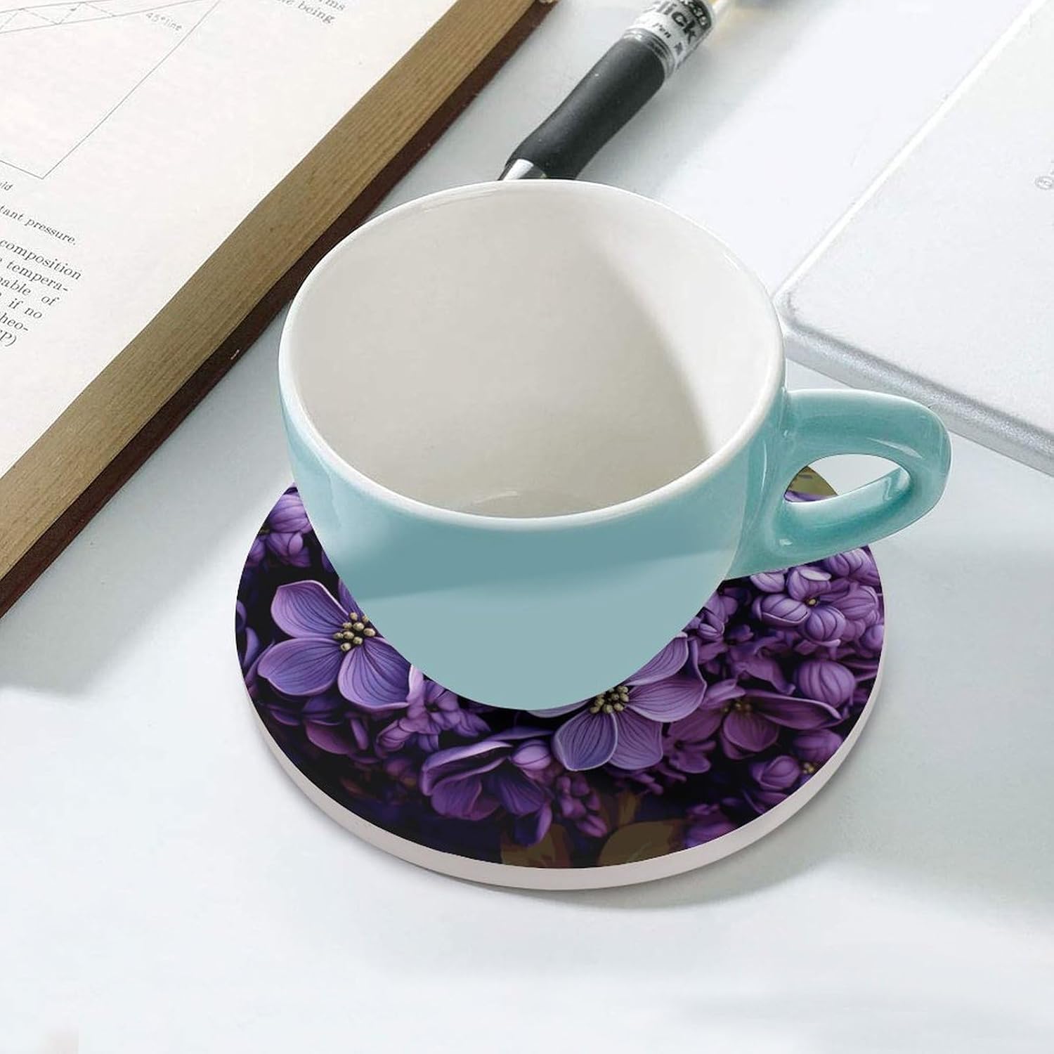 Purple Floral Coasters Round Coasters Set Ceramic Stone Coaster with Cork Base Coffee Cup Beverage Cup Mat Cute Funny Table Drinks Coaster for Mugs and Cups Office Kitchen