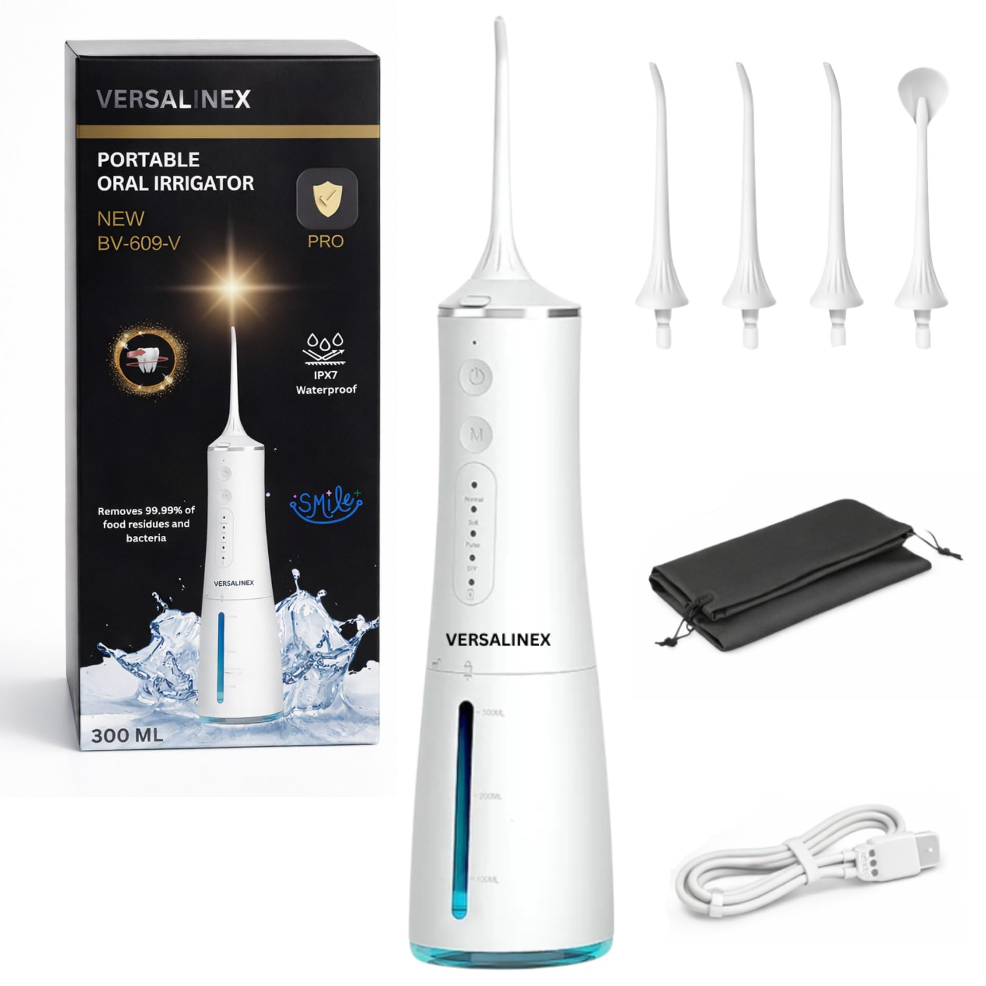 Jet d Eau Dentaire Hydropulseur Professionnel Portable – Compact pour Voyage Rechargeable USB-C avec 4 Modes 4 Embouts Rotatifs – convient aux Gencives Sensibles, Orthodontie (Blanc)