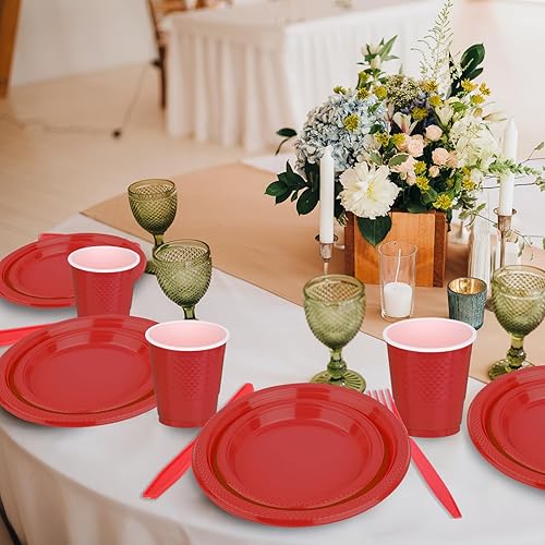 Miniatura 3 de TWOWYHI 175 platos de plástico rojo para fiestas para 25 invitados, platos rojos de plástico de 9 pulgadas y platos rojos de 7 pulgadas con 25 vasos