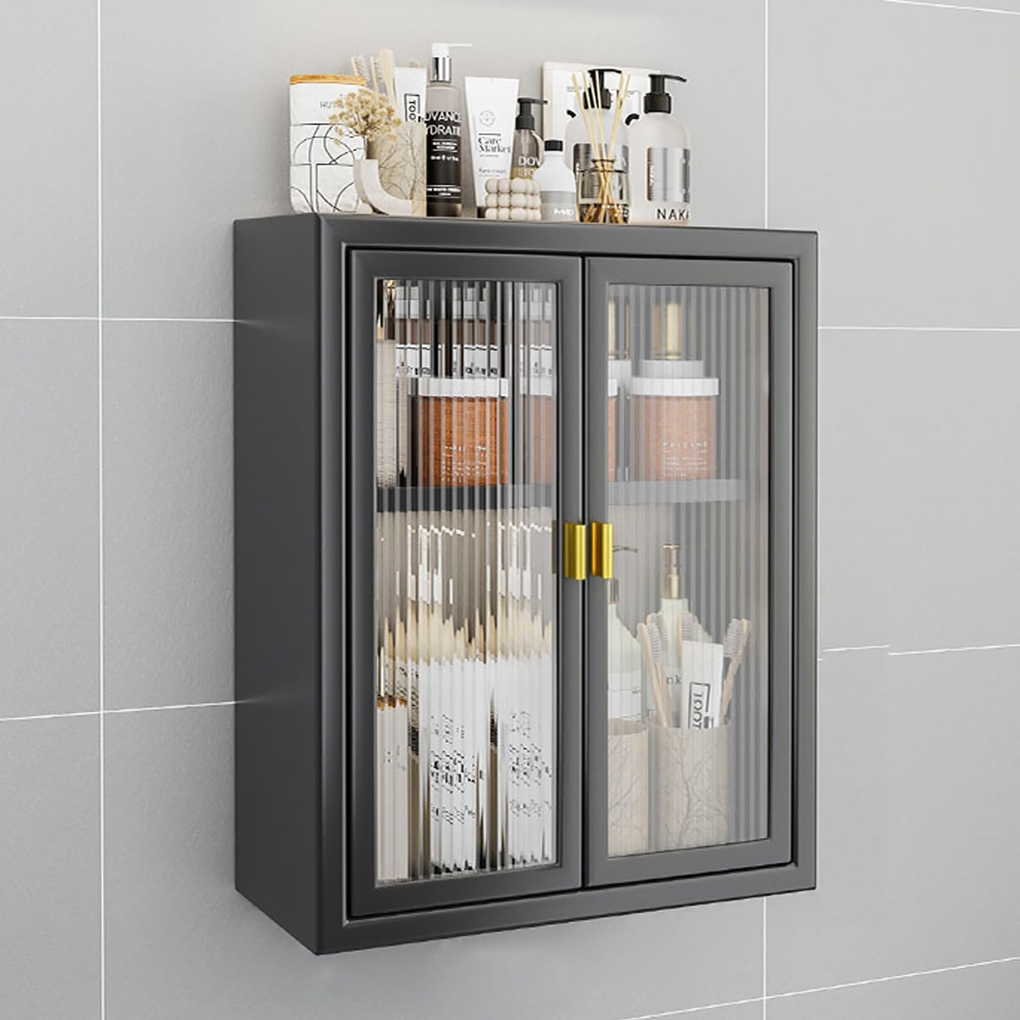 Armadietto per medicine in metallo, montaggio a parete con ante in vetro, armadietto da parete da bagno sopra la toilette, armadietto sospeso per bagno, cucina, lavanderia, dormitorio (dimensioni: 40