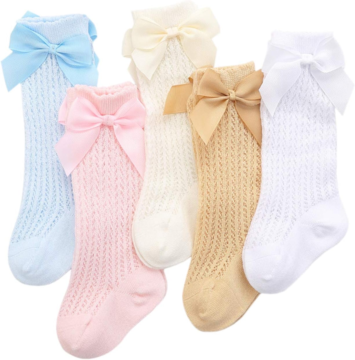 XPXGMT 5 Pairs Bow Spanish Baby Girls Knee High Socks Mesh Cotton Newborn Socks Stockings 0-3 Year