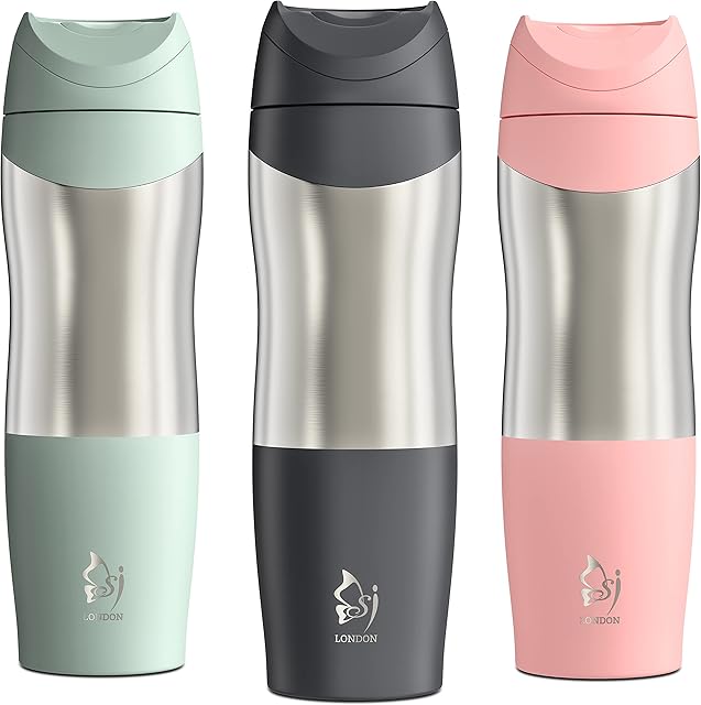 Sophie & Jasmine London Travel Mug- Reusable Insulated Coffee Cup- Insulated Coffee Mug- Thermal Cup- Leakproof Tumbler Coffee Travel Mugs for Hot Drinks- Portable Vacuum Flask Insulated Cup (Grey)