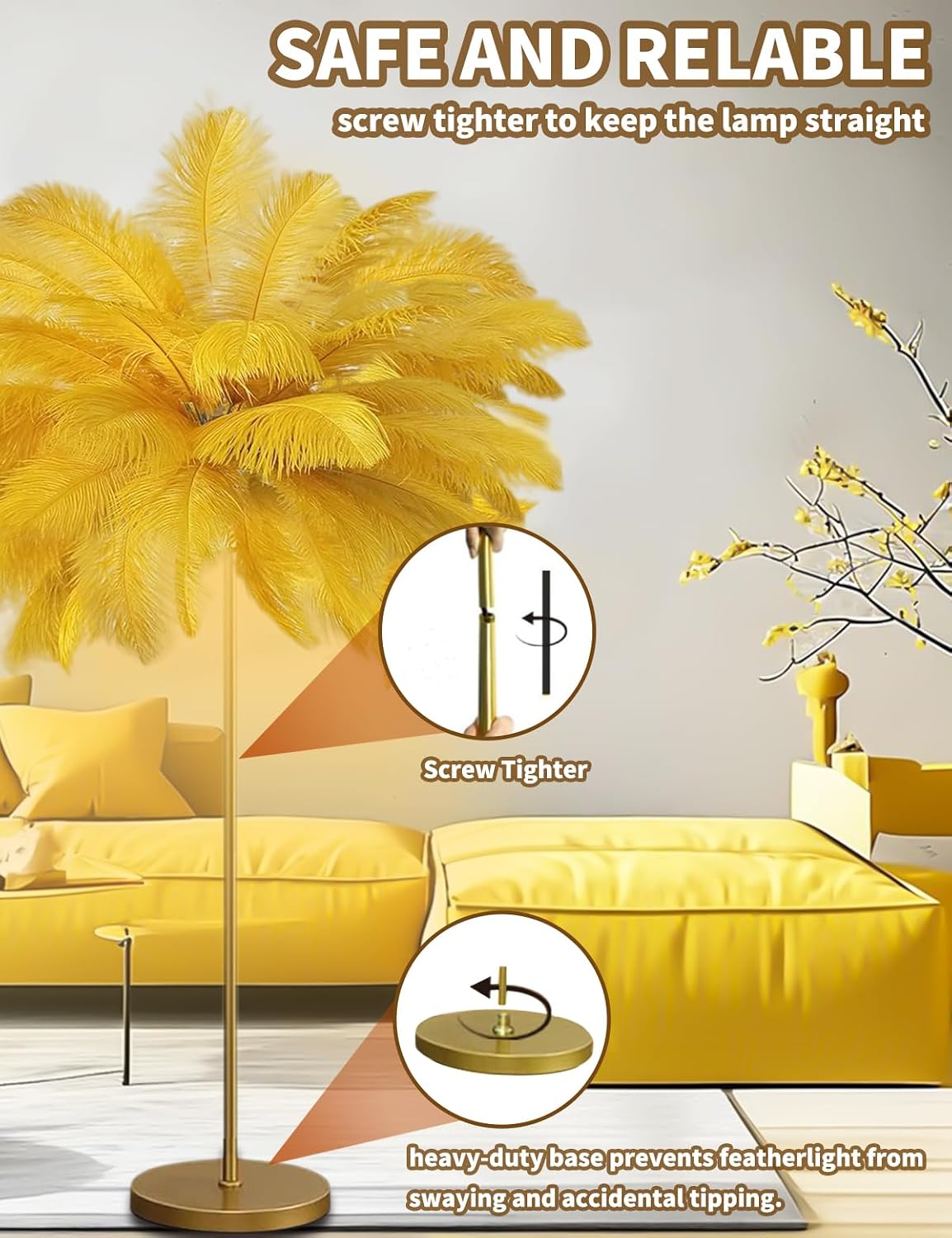 Feather Floor Lamp,Fluffy Ostrich Feather Floor Lamp for Bedroom,3 Color Temperatures Led Corner Modern Floor Lamps for Living Room Christmas Home Decor House Warming Gifts,63″ Height(Golden)