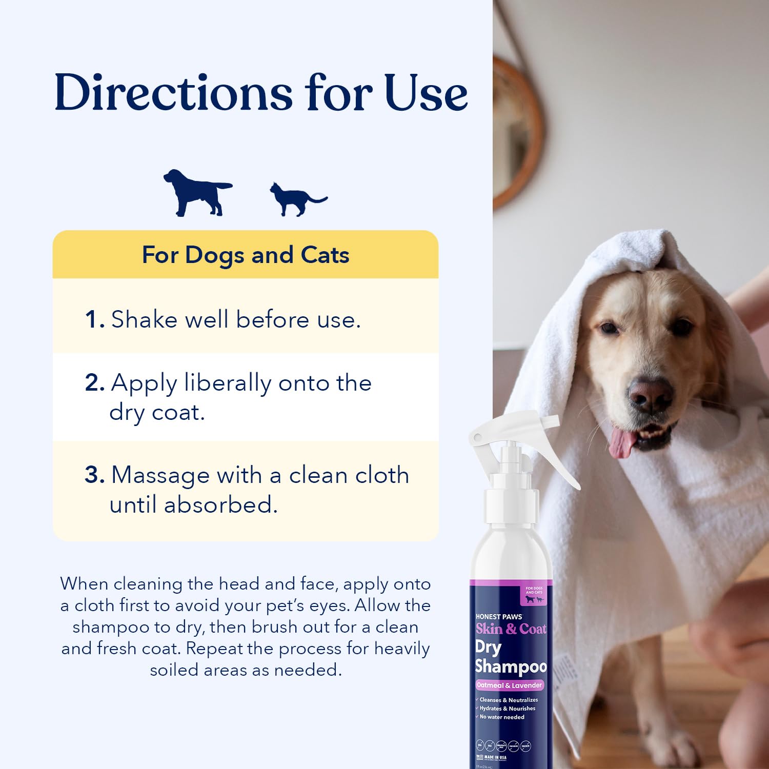 Honest Paws - Champú seco para perros, sin agua, sin enjuague, fórmula espumosa que reduce el picor, limpia, hidrata y nutre la piel seca