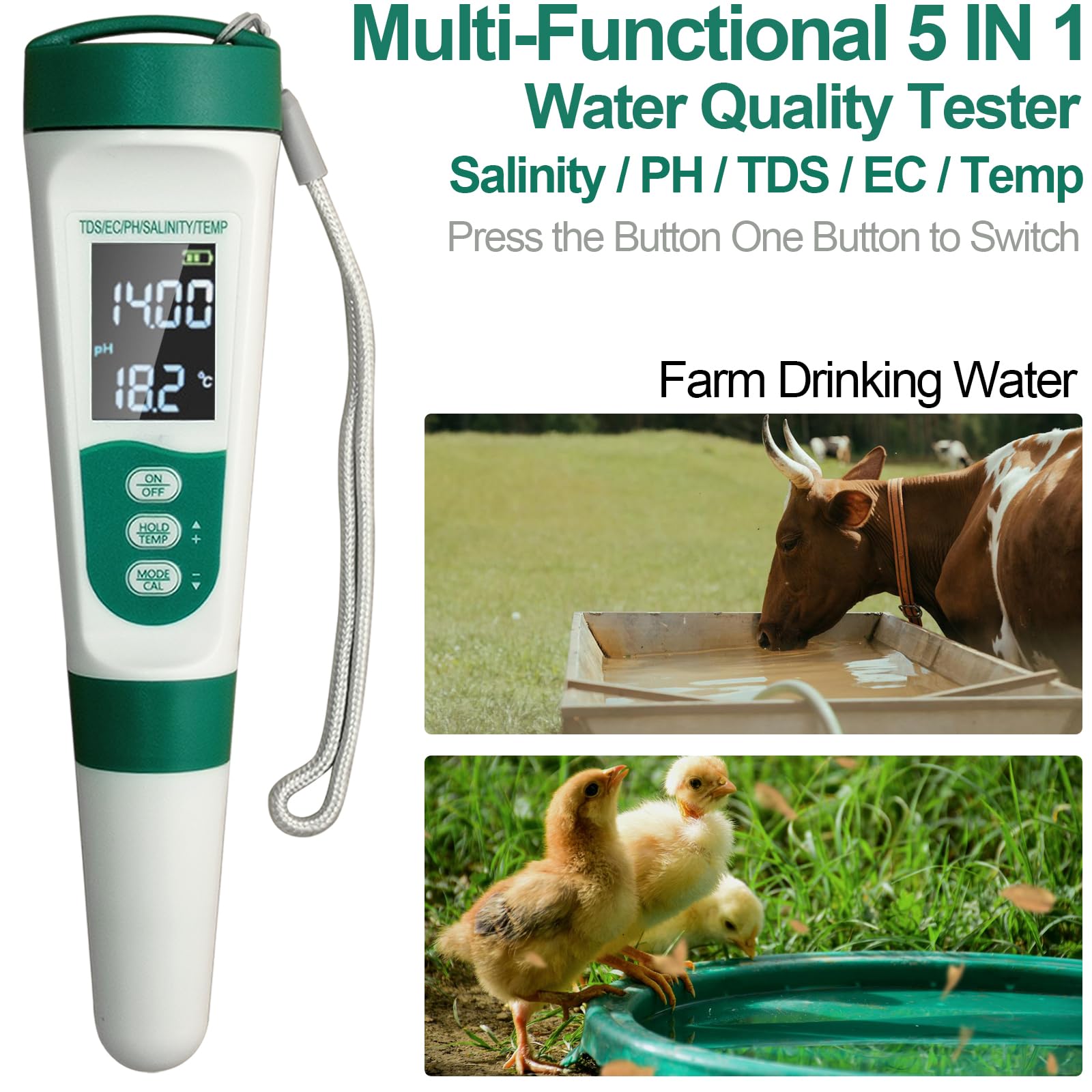 Display PH Meter Watter Tester 5 in 1, Funktionen: PH, TDS, EC, Salz, Temperatur, IP65 wasserdicht, hohe Genauigkeit mit 3 Kalibrierpulvern, für Salzwasserpool, Whirlpools, SPAs, Aquarium