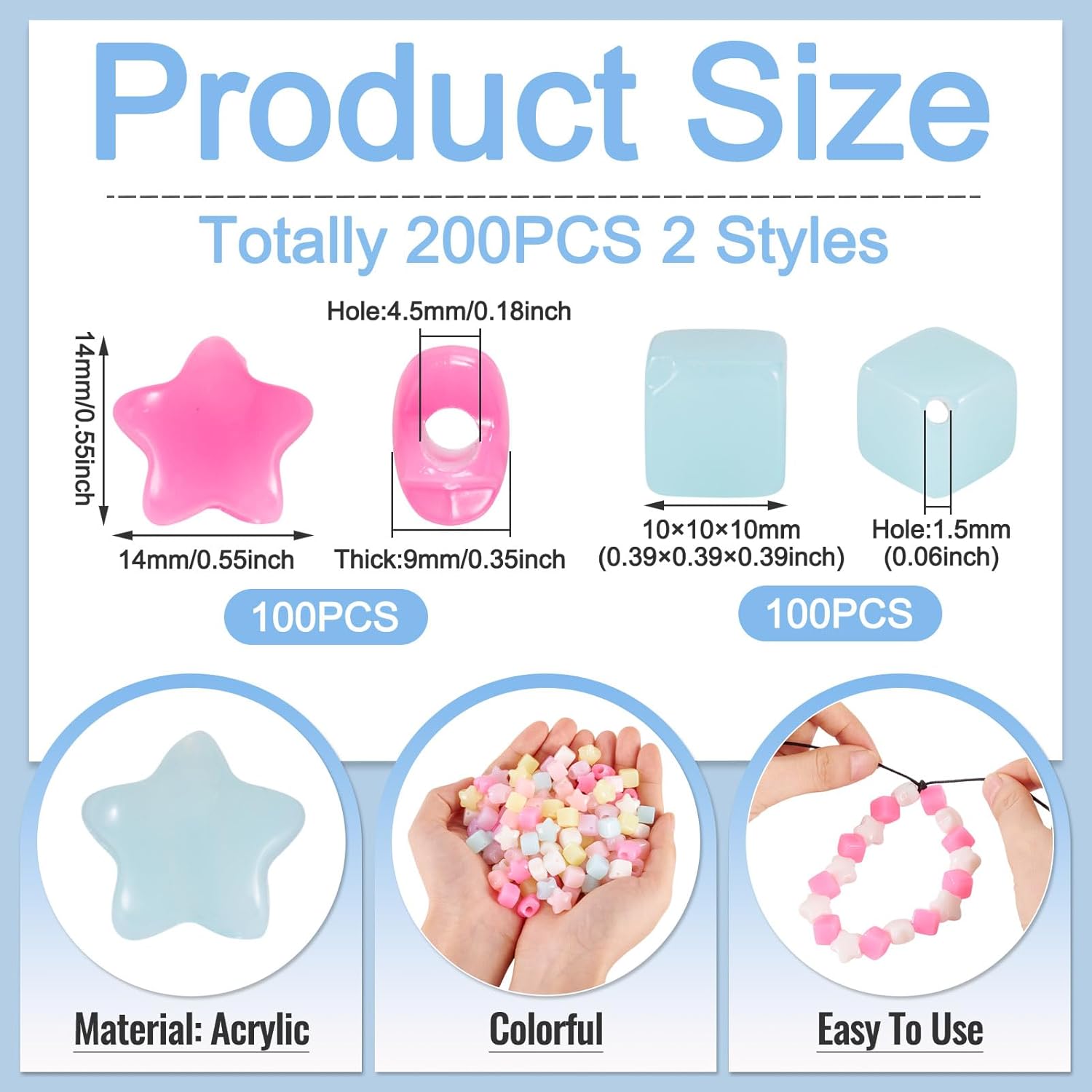 200Pcs Mixed Acrylic Beads Colorful Opaque 10x10mm Square Bead Large Hole Star Bead Cute Smooth Spacer Beads for Bracelets Keychain Jewelry Making Hair Crafts - Image 4