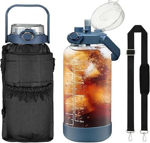 Miniatura 15 de Botella de agua de vidrio de 64 onzas con pajilla y funda, botella de agua motivacional de medio galón con marcador de tiempo y correa, 2 litros,