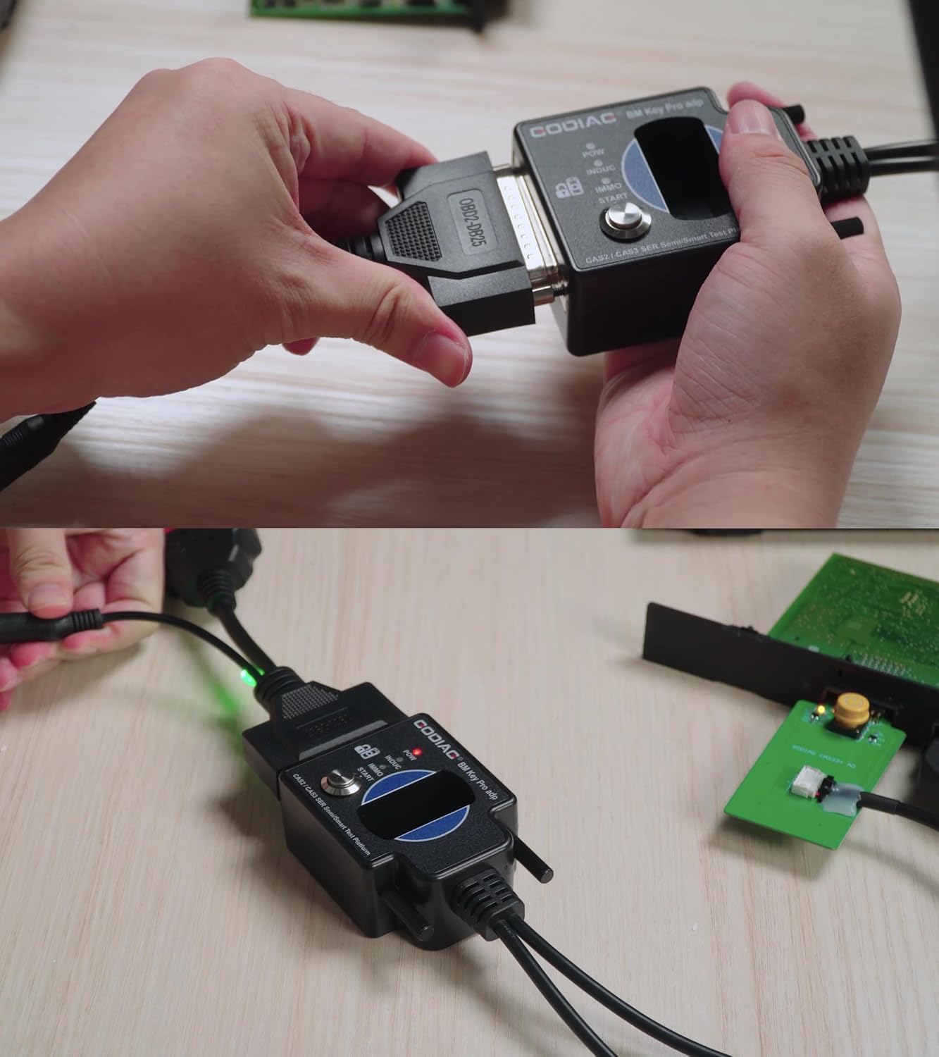 Connecting the OBD2-DB25 cable to the GODIAG CAS1/CAS2 Test Platform.