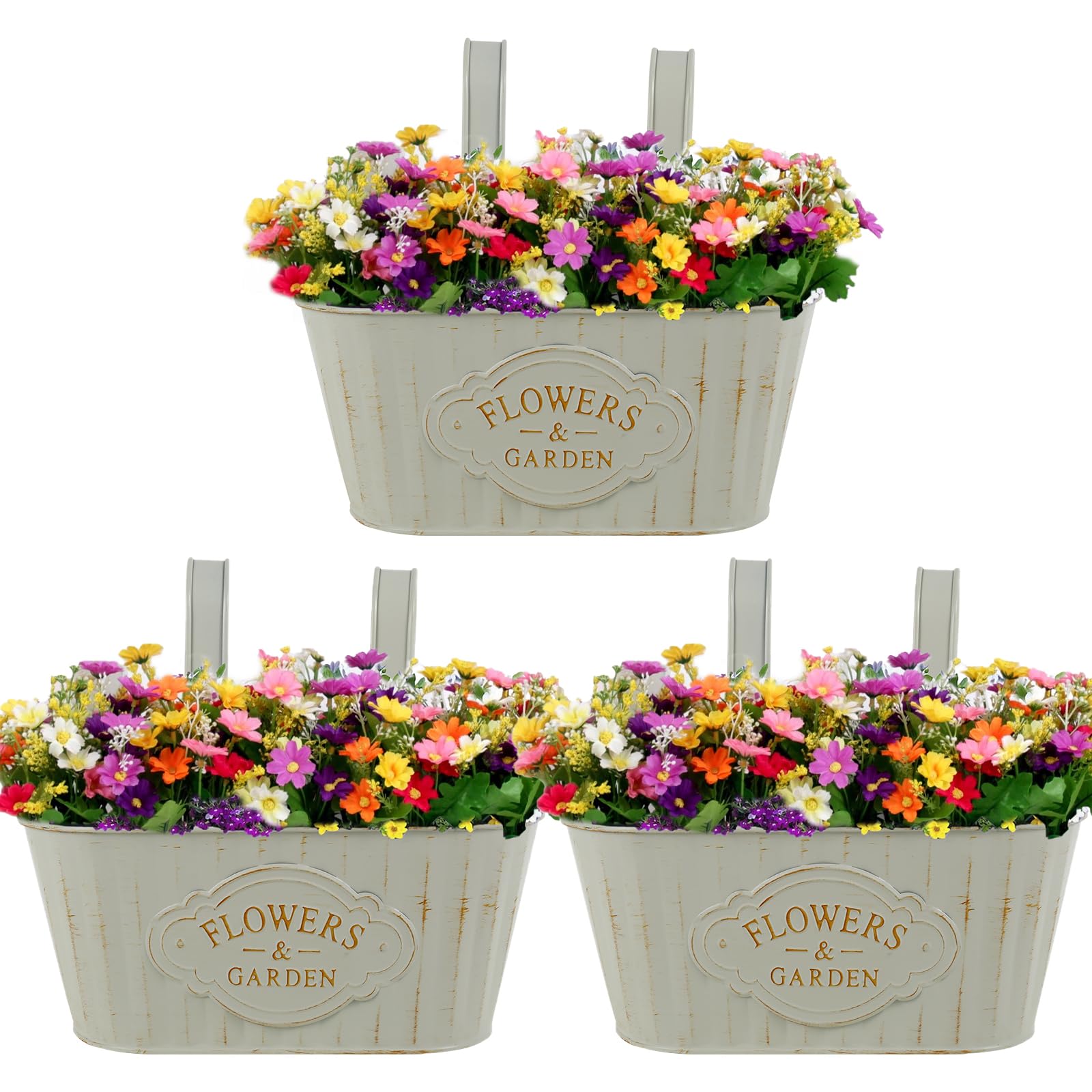 Guijzsltrg 3Pcs Metal Hanging Flower Pots Oval Railing Planter With Drainage Vintage Rustproof Balcony Bucket Pots Decorative Wall Brackets Holder For Fence Balcony Garden Wall Home Decor Outdoor Patio(3Pcs)