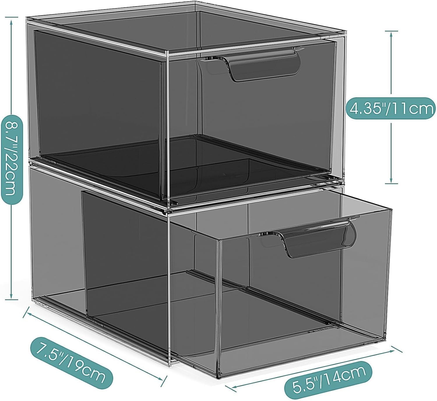 SpaceHacks 4 Pack Stackable Makeup Organizer and Storage, Acrylic Organizers，Clear Plastic Storage Drawer with Pull-Out Handles for Vanity, Undersink, Kitchen Cabinets, Pantry, Black