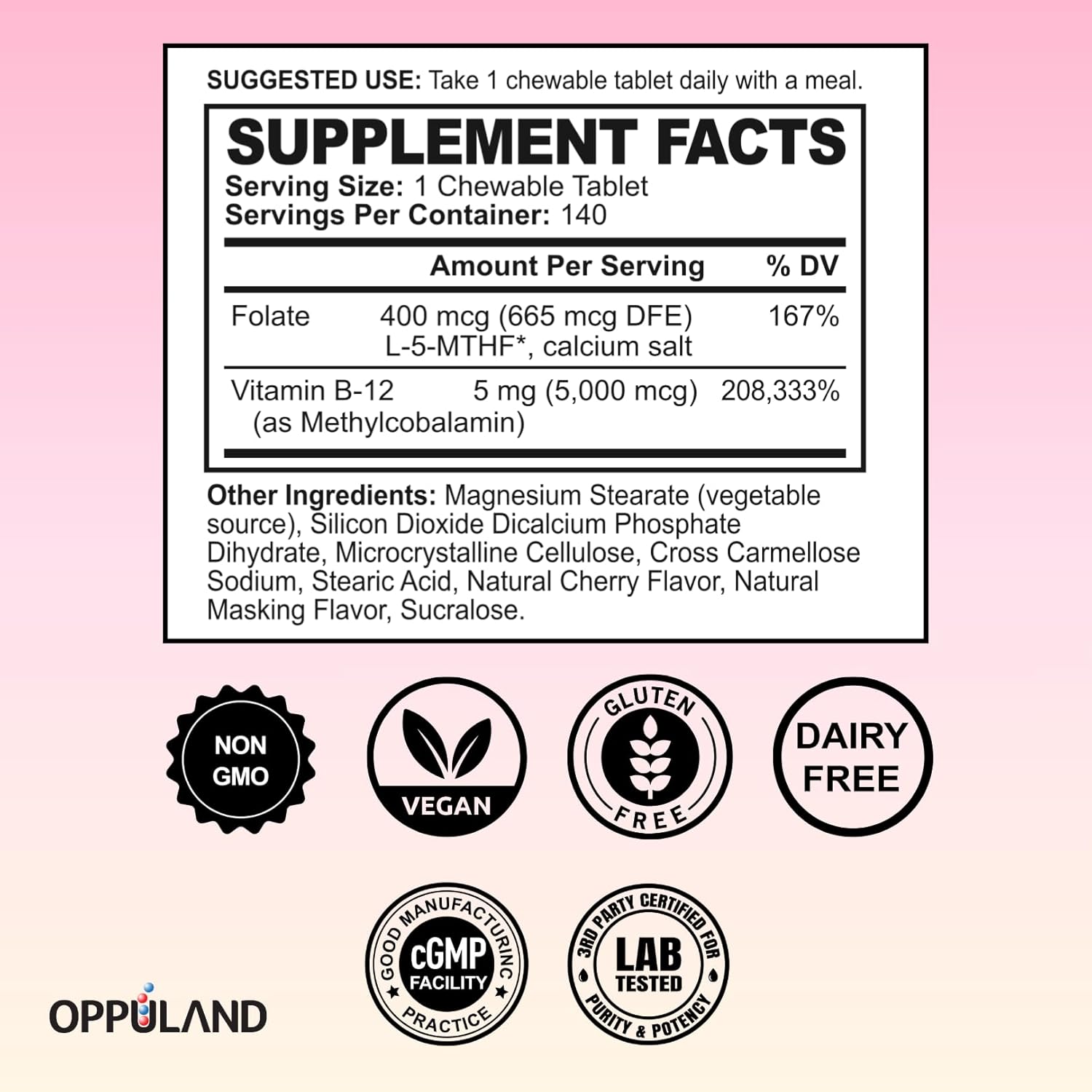Methyl B-12 5000mcg Chewable with Folate - Vitamin B12 Methylcobalamin Sublingual Tablets - Supports Energy & Brain Function - Vegan Supplement - Cherry Flavor - 140 Count