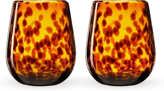 Segunda Vida Tortuga Tortoise Shell colored Stemless Wine Glasses Set - Hand Blown Colorful Wine Glasses - Amber 100% Recycled Glassware Made in Mexico, 13oz, Set of 2