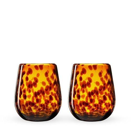 Segunda Vida Tortuga Hand Blown Wine Glasses, Recycled Mexican Glassware with Tortoise Shell Pattern, Stemless Drinking Glasses for Wedding Gifts, Housewarming, Cocktail Party, 13 oz Set of 2