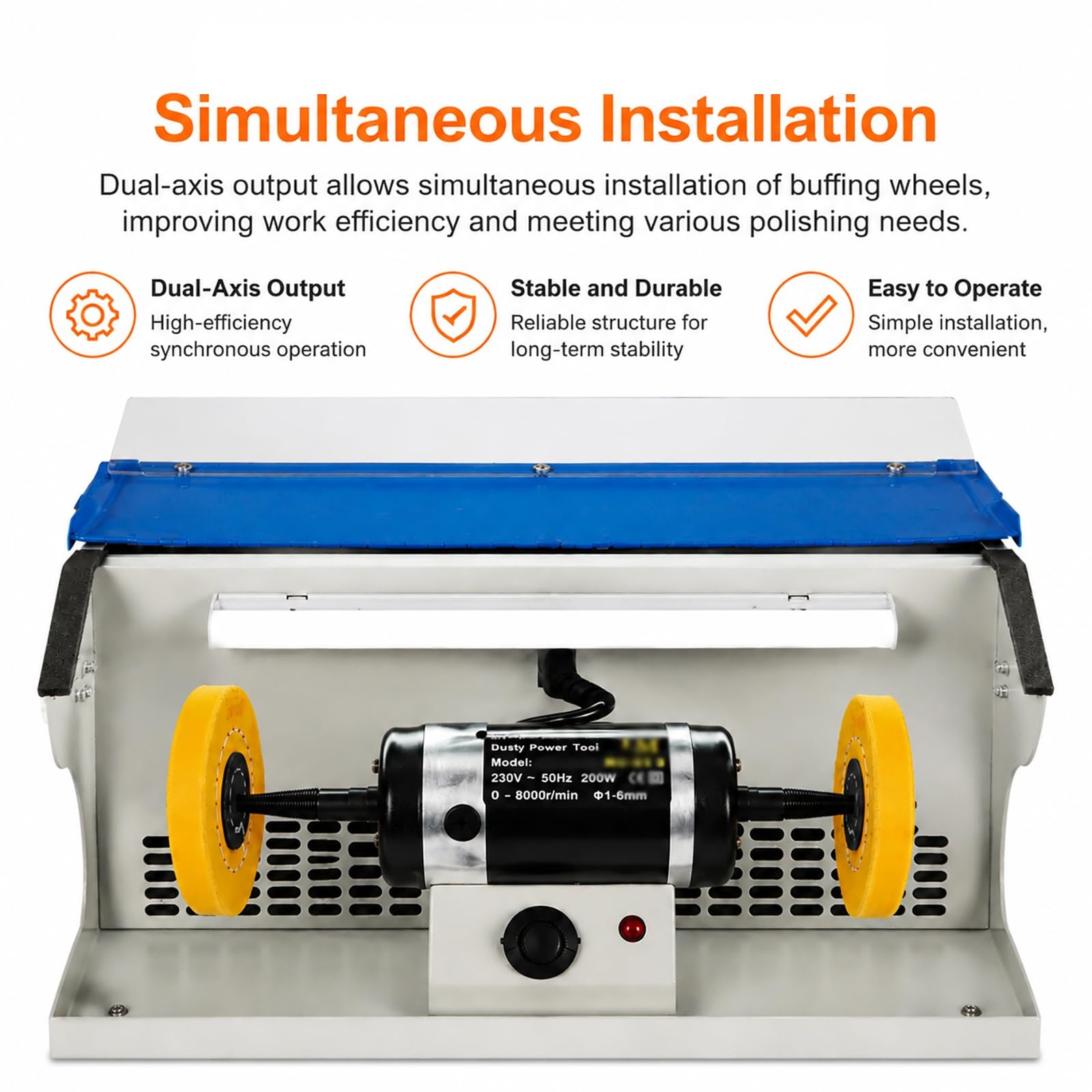 Pulidora de banco de 200 W con velocidad ajustable, recolector de polvo, luz y extractor, máquina de pulido y abrillantado para trabajos en metal, madera y piedra