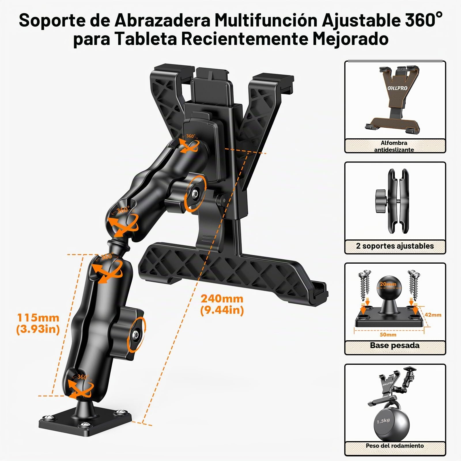 OHLPRO Soporte para tableta para camión, soporte resistente para iPad para base de taladro, soporte ajustable de 360° de 2 etapas para todos los iPad Pro de 7 a 11.5 pulgadas, Mini, Samsung Tab, Nexus