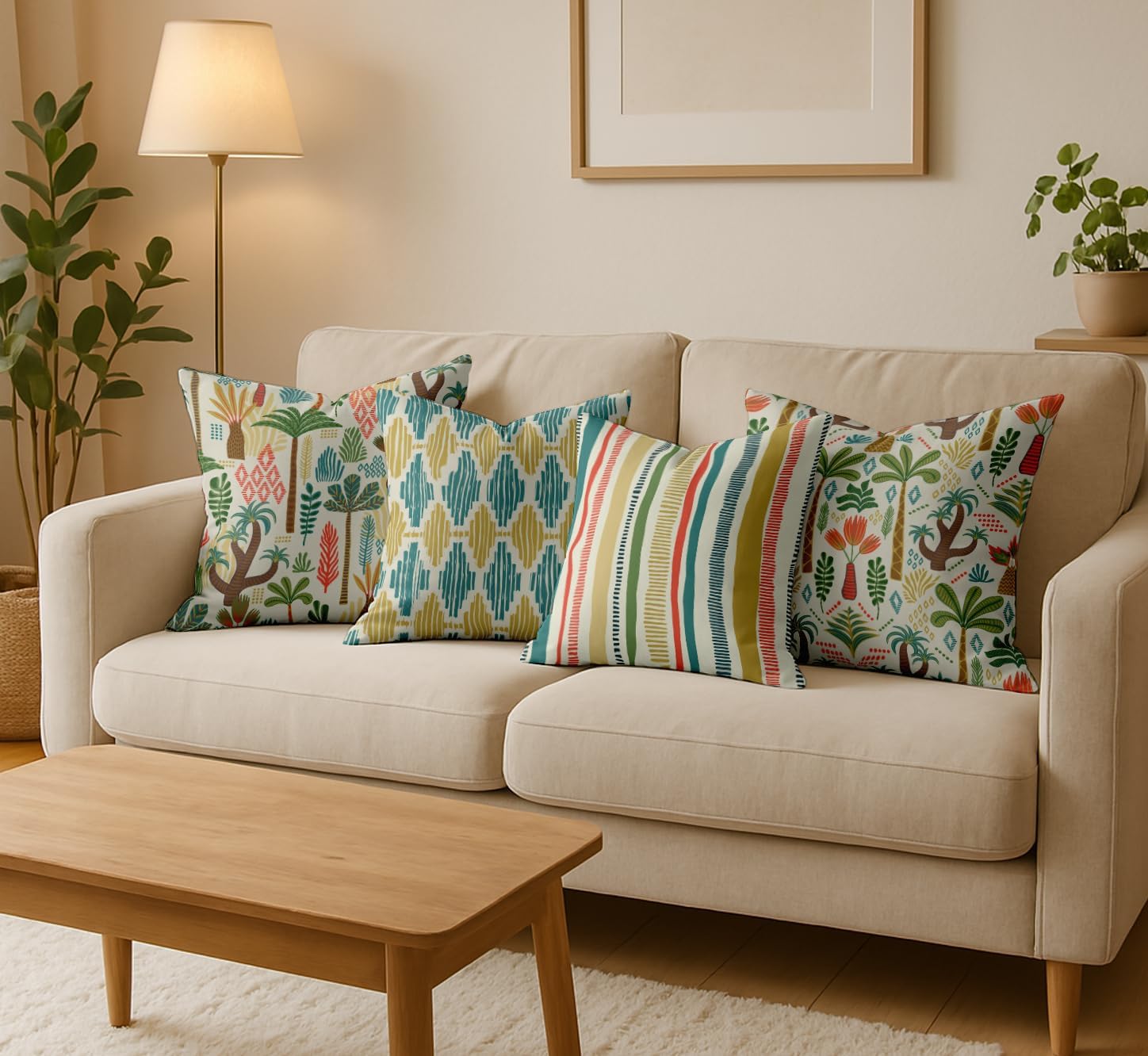 Set of 4 16x16 Inch Pillow Covers - 100% Cotton, Decorative Tree Print, Double-Sided Print with Concealed Zipper - Filler Not Included - Green