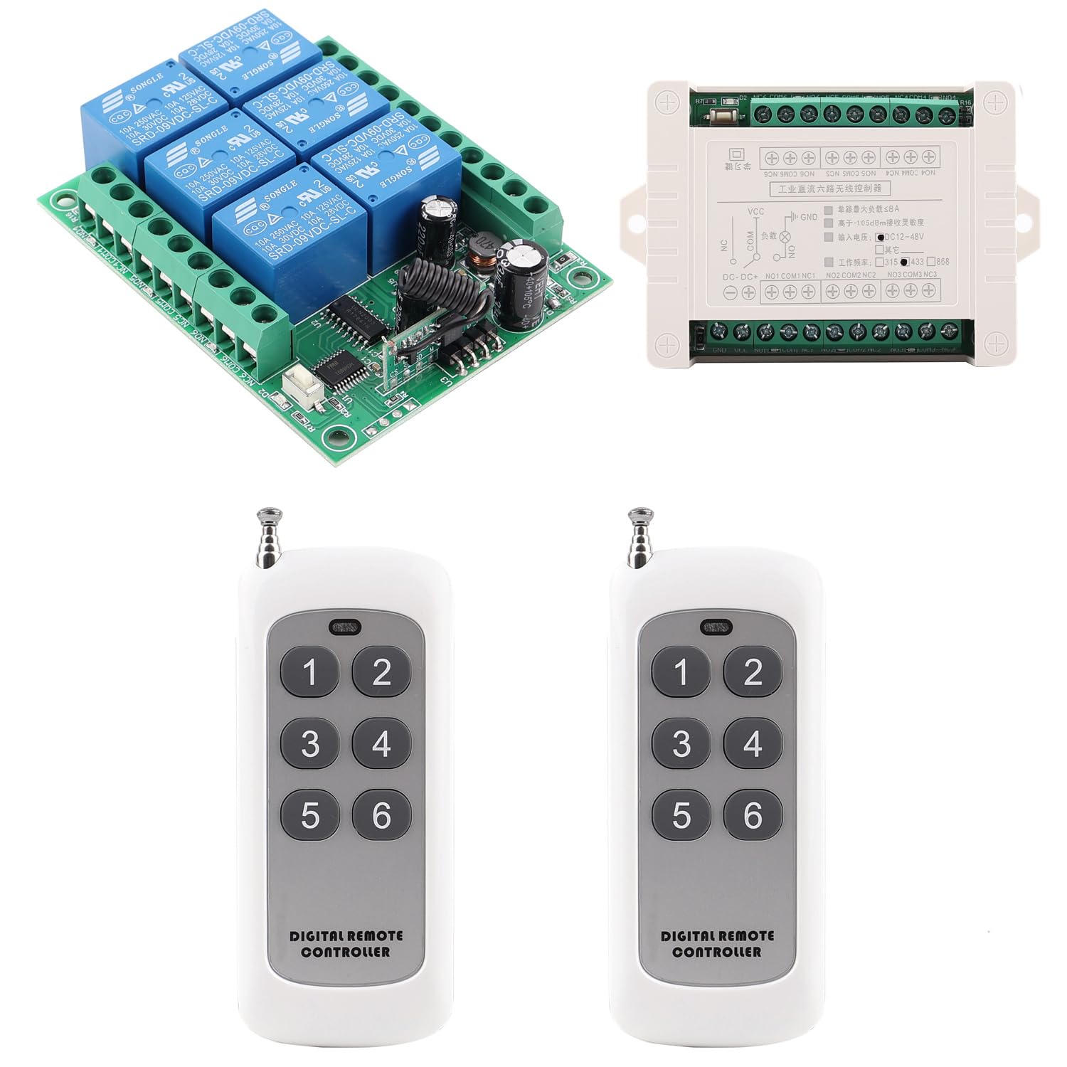433mhz Interrupteur telecommande sans fil 12v Commutateur de relais à distance 12V-48V 36V telecommande 6 canaux Contrôleur de fenêtre de porte de lumière de moteur (12V-48V/ 2* Contrôle 433MHz)