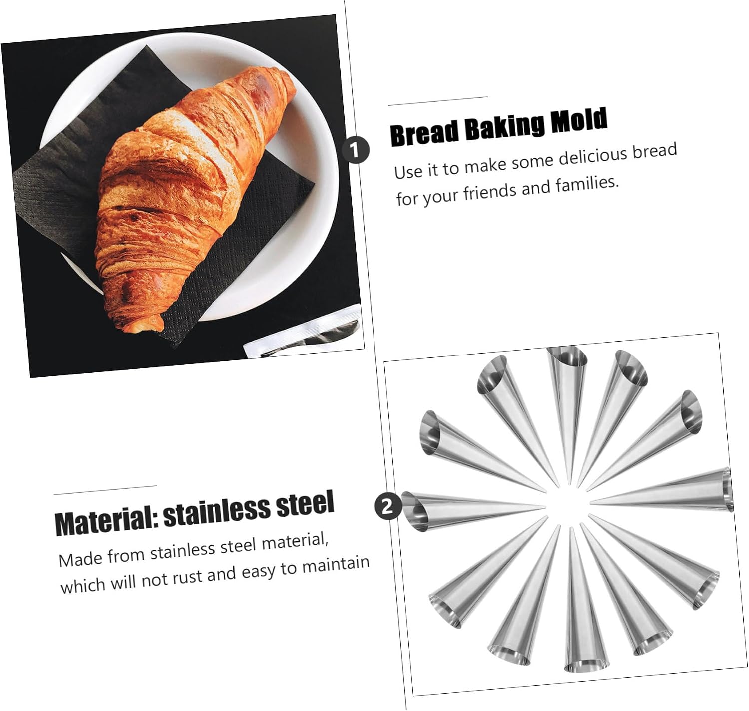 Garneck 12pcs Stainless Steel Croissant Horn Baking Tool Reusable and Easy to Molds for Baking Croissants and Danish Pastries