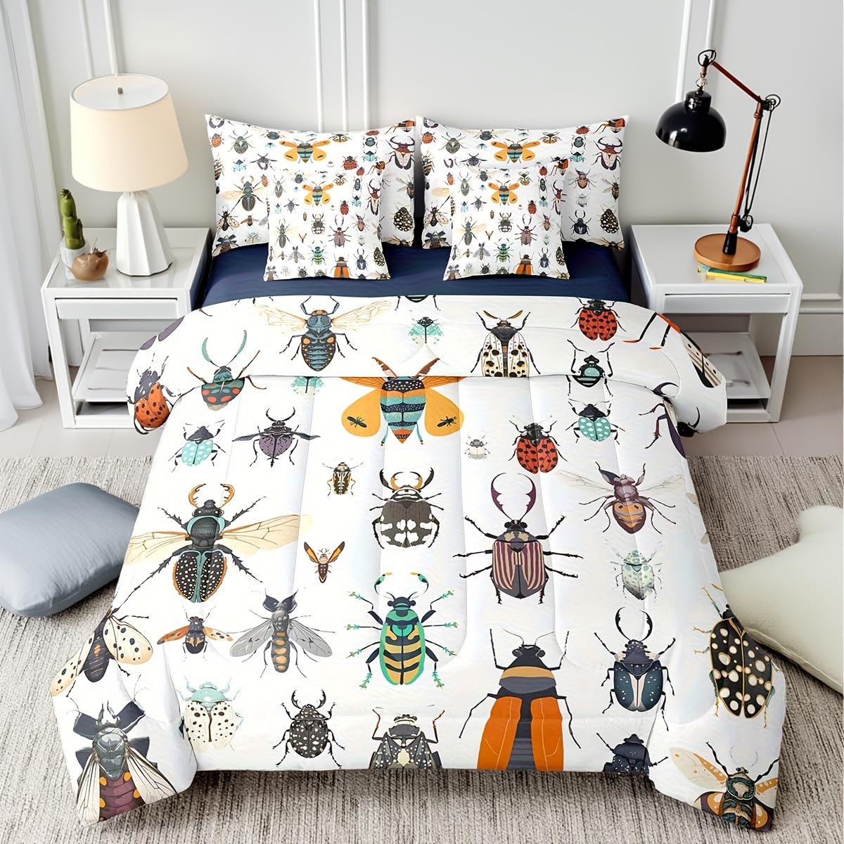 Beetles Comforter Set Colorful Beetle Bedding Set Twin Size 7 Pcs,Rustic Farmhouse Wildlife Bed Set for Kids Boys Room Decor Polyester Bed in a Bag