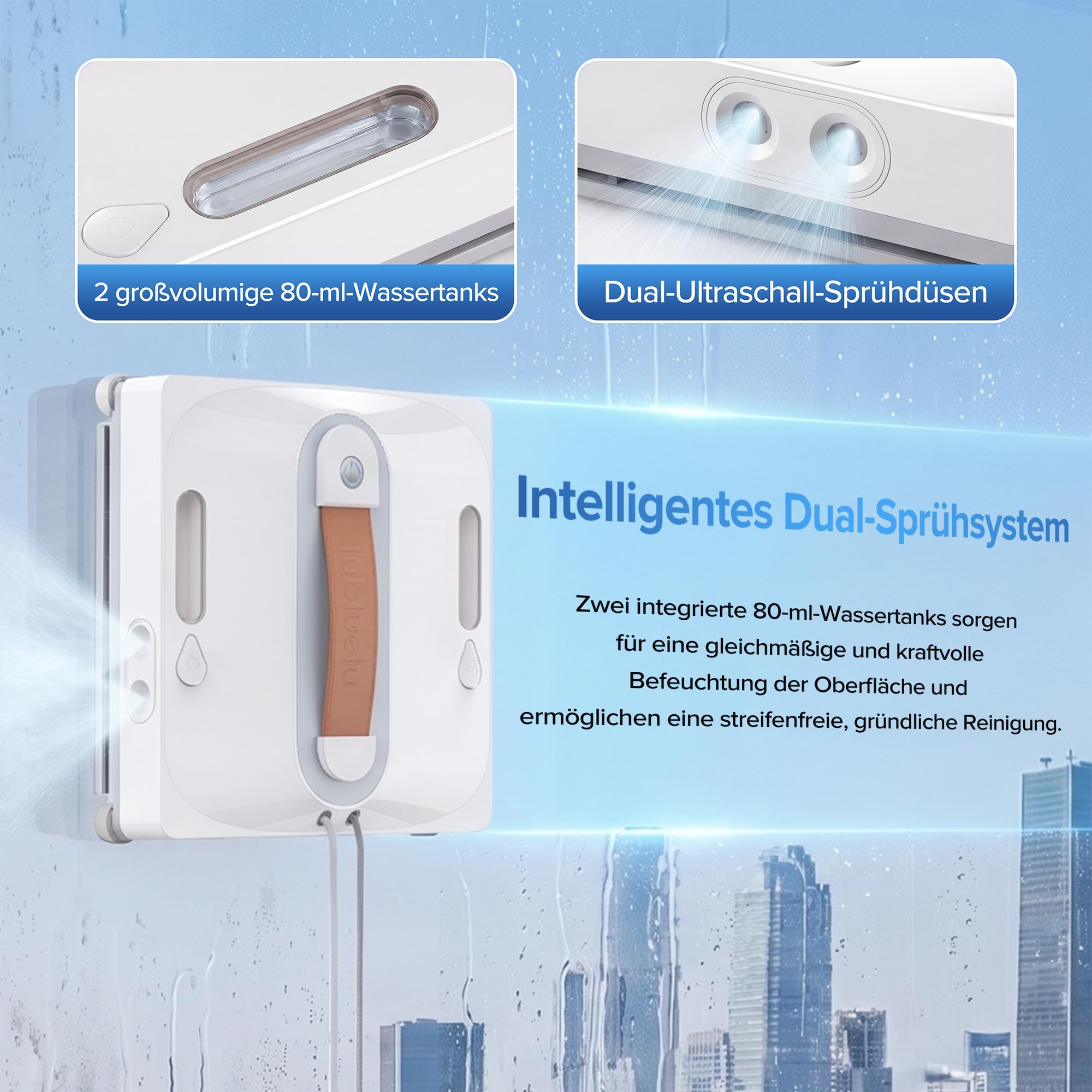 Lubluelu Fensterputzroboter mit KI-Navigation, 8 kPa Saugkraft, Dual-Sprühsystem, 80 ml Wassertank, 8-faches Sicherheitssystem, intelligente Routenplanung für Fenster, Spiegel & Fliesen (Weiß)