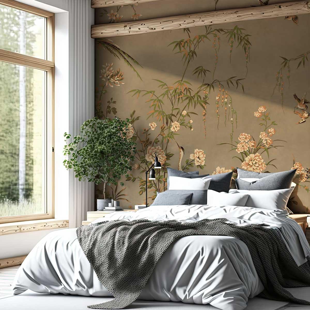 Papier peint panoramique fleurs et oiseaux du marais fabriqué en France 364x270 cm