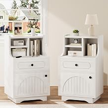 4ever2buy White Nightstand Set of 2, 30" Tall Night Stand with Hutch | Farmhouse Nightstand for Bedroom, Tall Bedside Table End Table for Living Room Sofa Office, Drawer & Cabinet, White