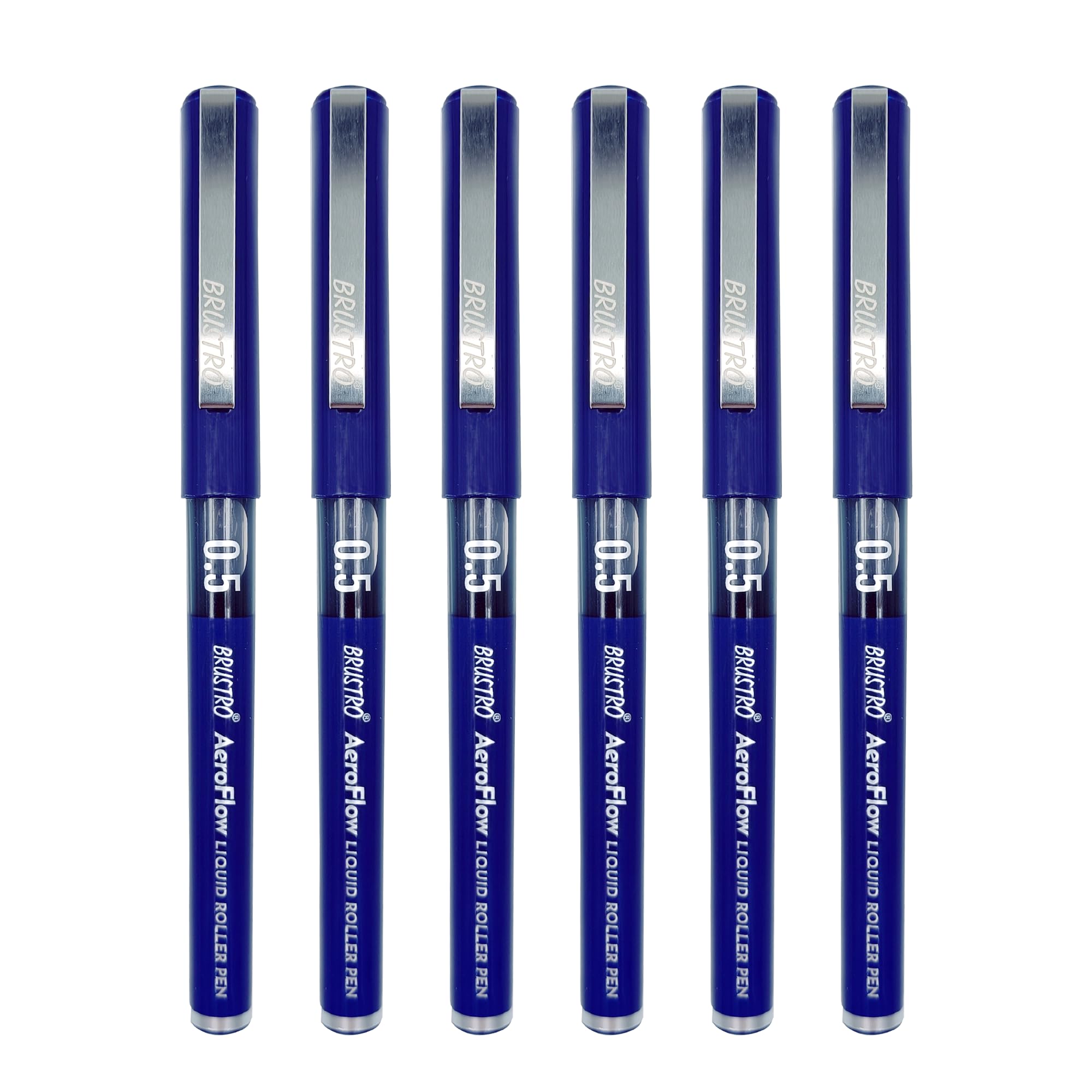 BRUSTRO AeroFlow Liquid Ink Rollerball Pens | Blue | 0.5mm, Micro Tip | Pack of 6| Ideal for Students, Professionals, Office, Exam use, Accurate Smooth Writing, Fade Resistant