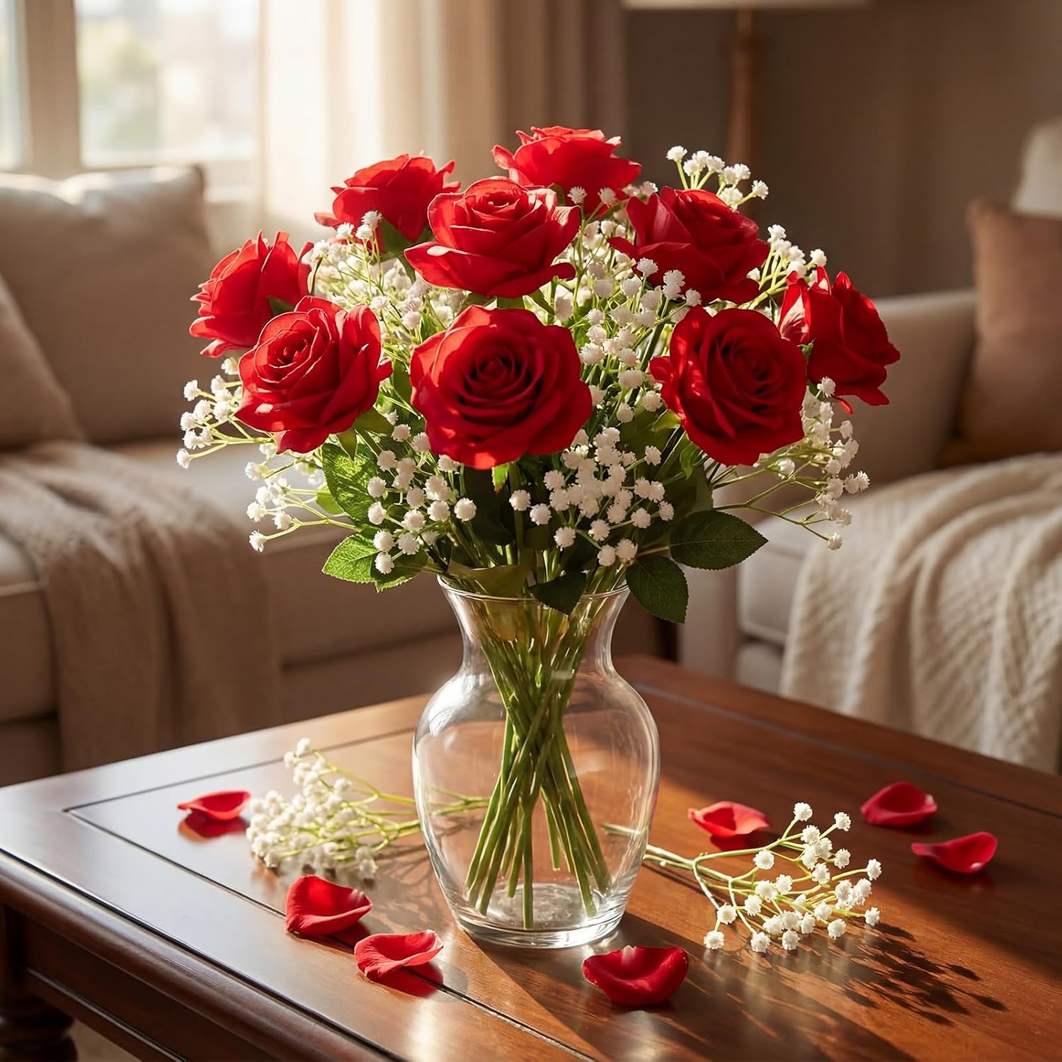Janinka 48 Branches Artificial Red Roses with Fake Baby Breath Realistic Fake Flowers Bouquet with Long Stem for DIY Wedding Party Home Decoration Vase Tables Centerpieces Arrangements Gift