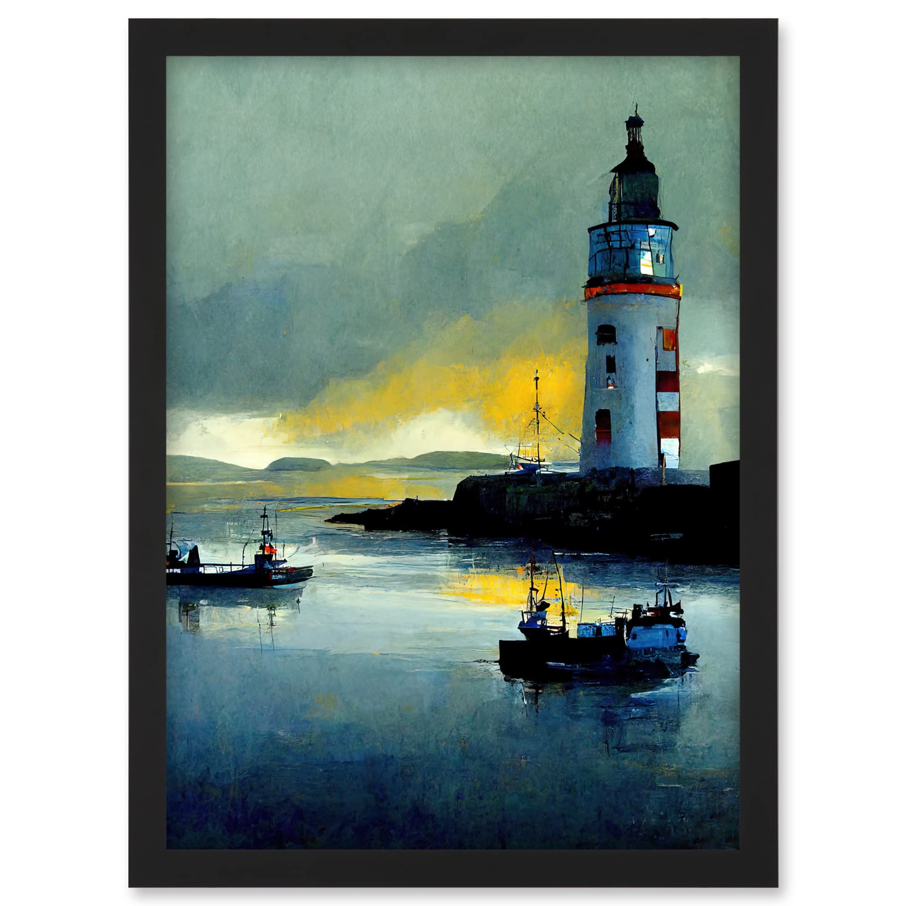 Doppelganger33 LTD Scottish Harbour Fishing Boats Lighthouse Modern Artwork Framed A3 Wall Art Print