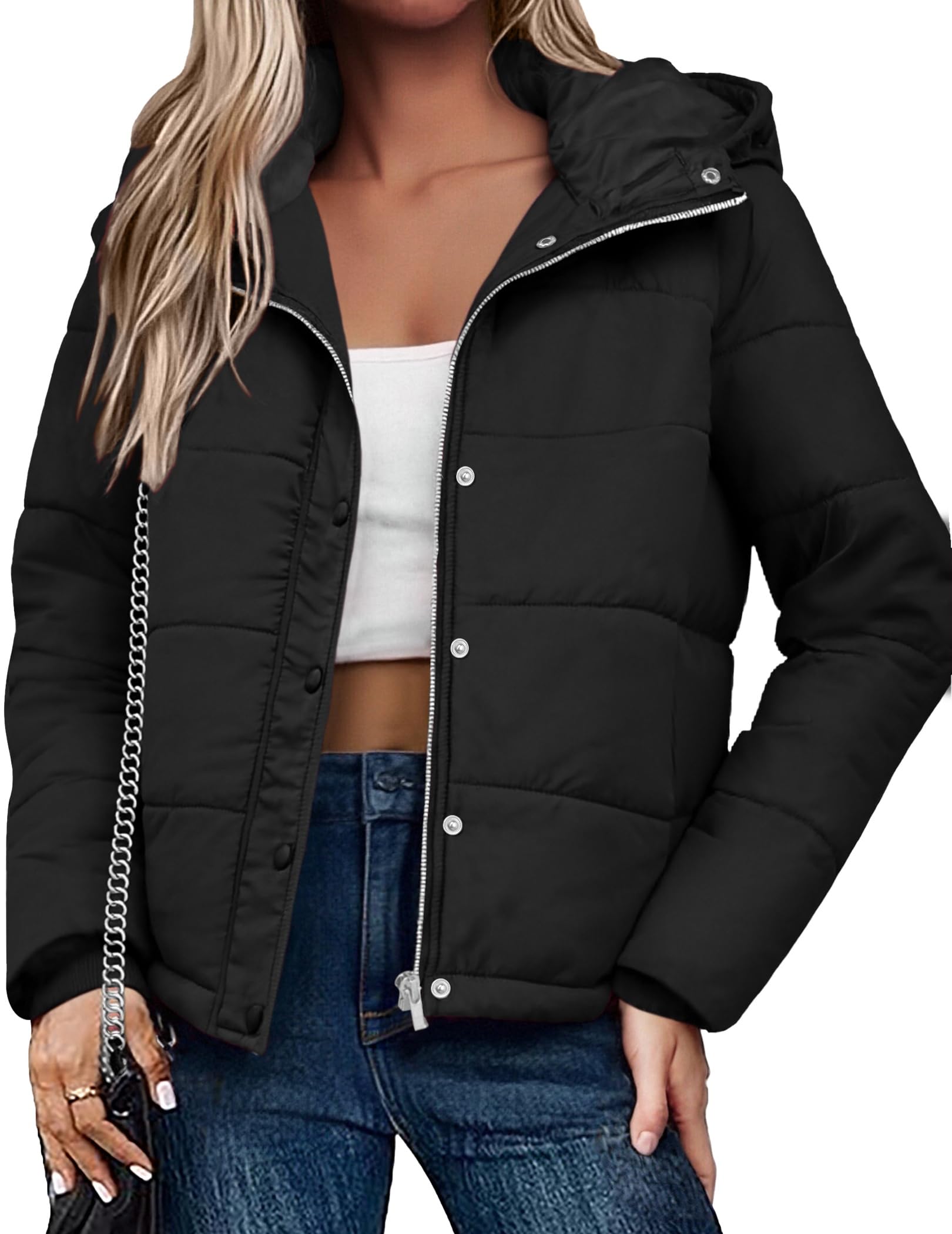 Zeagoo Doudoune femme hiver à capuche veste matelassée chaude coupe vent blouson court zippée avec poches légère doublée confort quotidien extérieur S-XXL