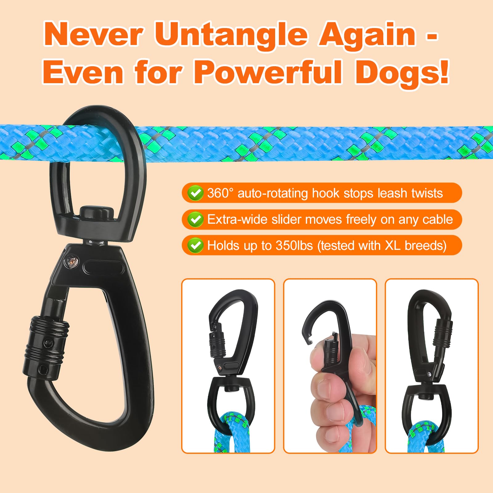 Cable de amarre para perro de 50 pies, correa larga para perros exteriores, correa para camping, correa para patio, línea (azul)