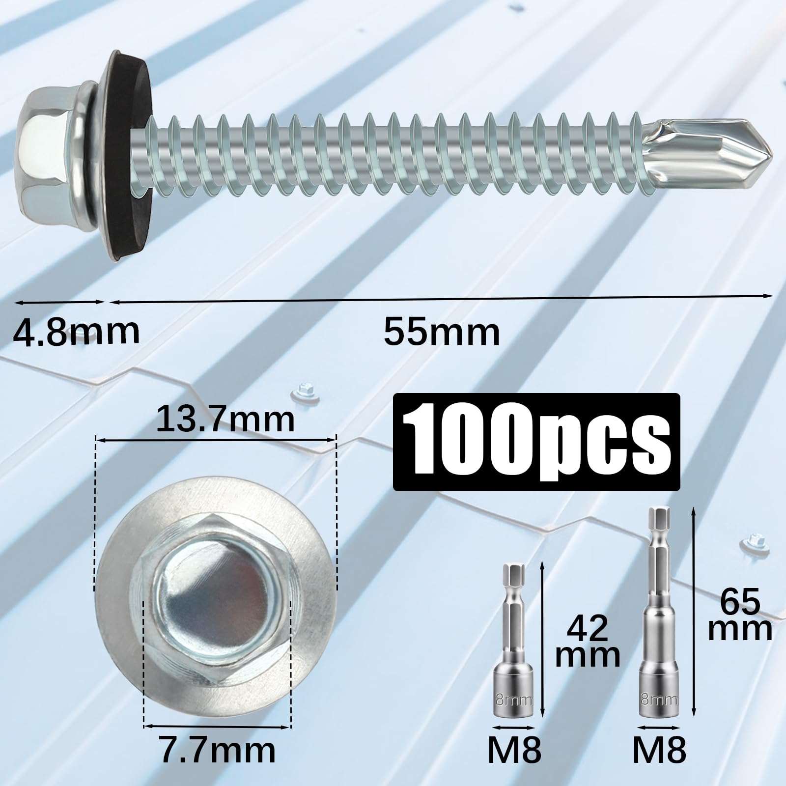sturiz 100PCS 4.8x55 mm Self Drilling Screws for Metal Roofing Screws with Rubber Washers Hex Head Self Tapping Screws und 2 M8 Hex Socket Tech Screws Zinc Corrugated Roof Fixings for Tin Roof - Image 2