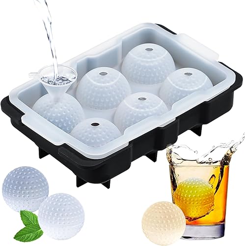 Webake Moldes de hielo para pelotas de golf con tapa y embudo, regalos de golf, máquina de hielo para cócteles, whisky, bourbon chilling, 6 agujeros