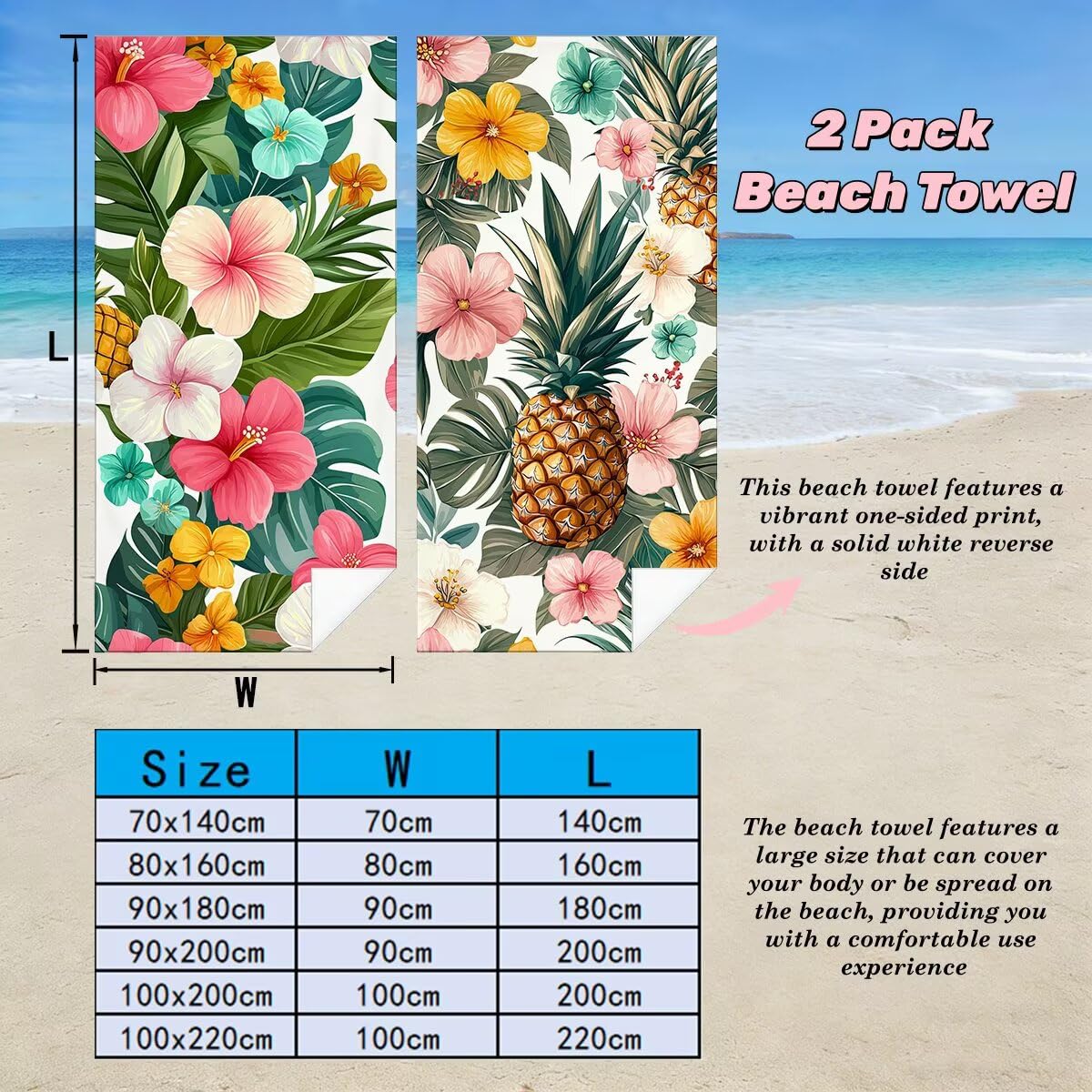 Ręcznik plażowy XXL, 100 x 200 cm, zestaw 2 szt., z mikrofibry, ręcznik plażowy w kwiaty, szybkoschnący, ręcznik do sauny, ręcznik fitness, ręcznik plażowy, do sauny, duży ręcznik kąpielowy, prezent