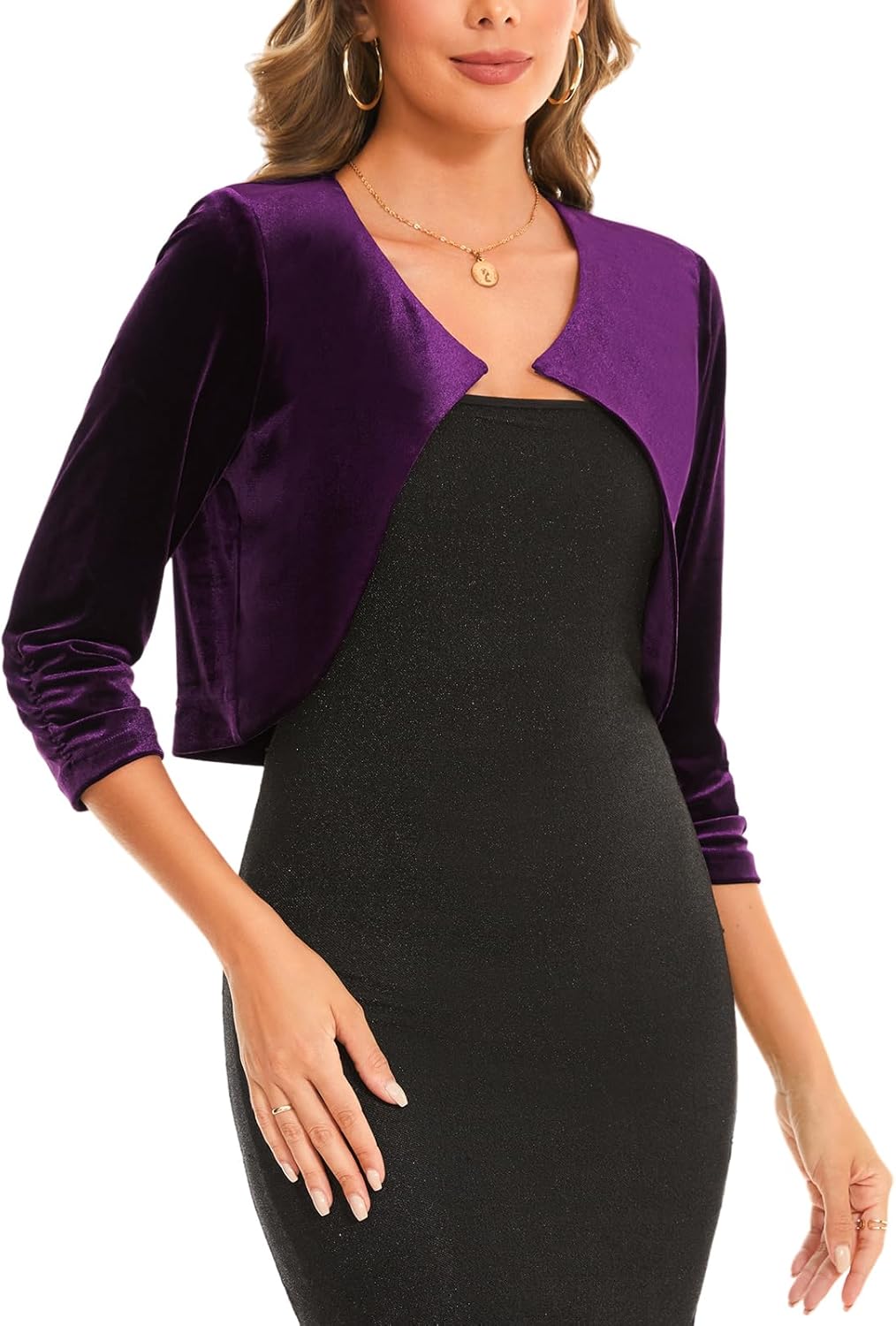 MINTLIMIT Women Velvet Shrug Bolero Open Front 3/4 Ruched Sleeve Evening Dressy Cropped Cardigans with Hook and Eye - Image 5