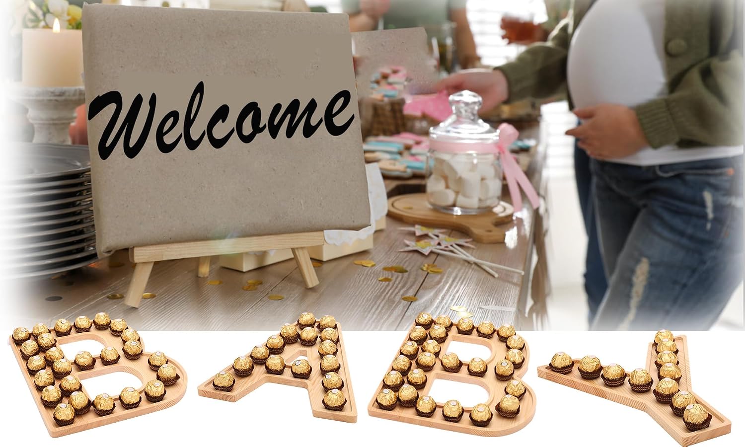 4PCS Charcuterie Letters 12” Fillable Cardboard Letters “Baby” Tray for Baby Shower, Wood Cupcake Chocolate Candy Dessert Decorative Tray (Baby-Wooden)