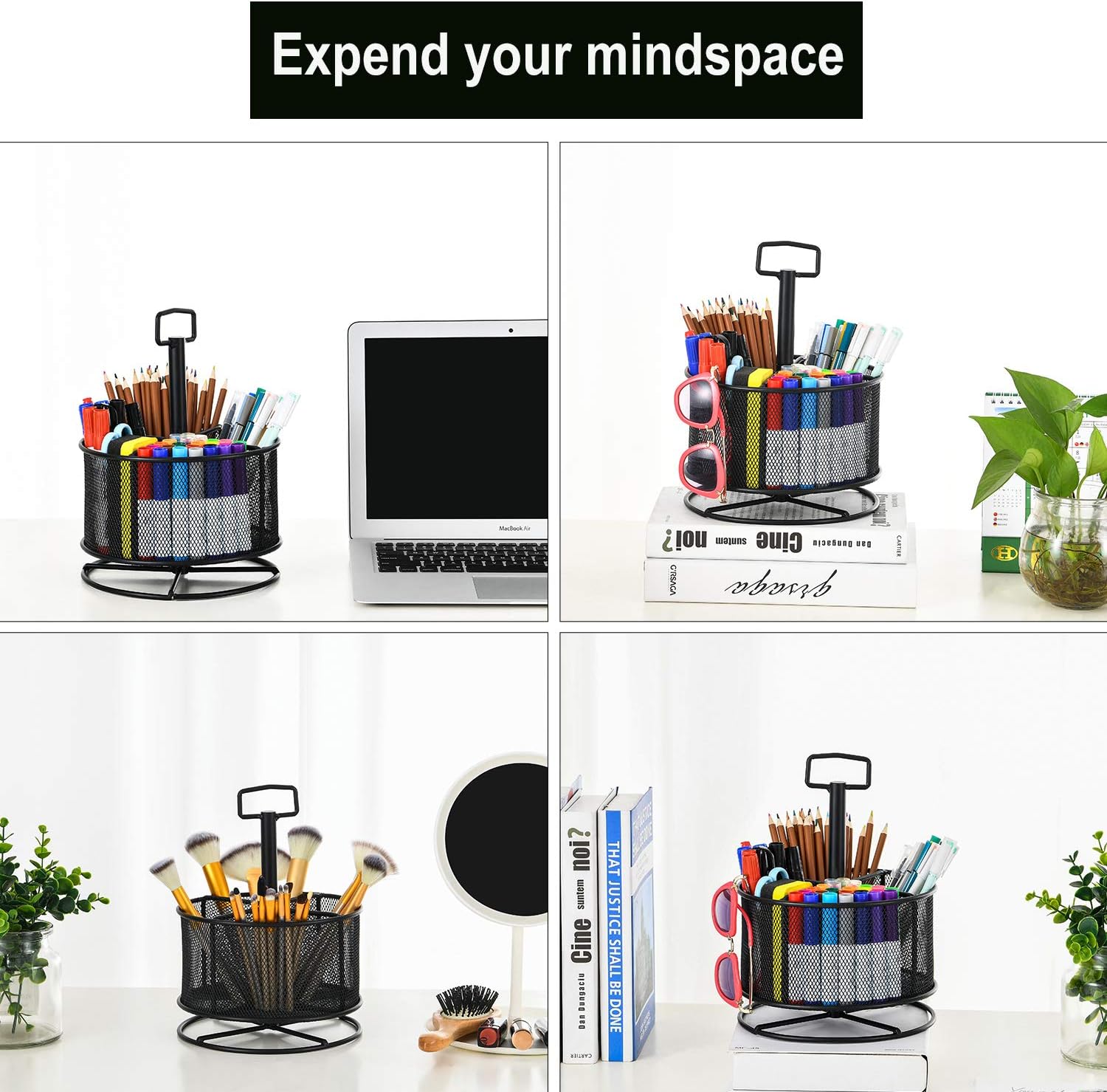 Marbrasse Mesh Desk Organizer, 360-Degree Rotating Multi-Functional Pen Holder, 4 Compartments Desktop Stationary Organizer, Home Office Art Supply Storage Box Caddy (Black) : Office Products