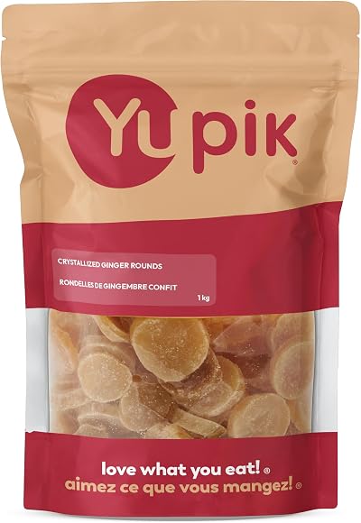 Yupik Crystallized Ginger Rounds, 1 kg, Kosher, Chewy Ginger Root, Sugar Coated Round Slices, Candied Ginger, Sweet Snacks, Ideal for Baking, Teas, Beverages