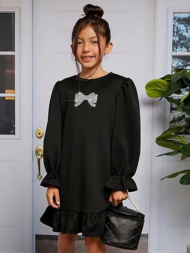 Miniatura 3 de WDIRARA Vestido de manga con volantes y cuello redondo y estampado de lazo para niña