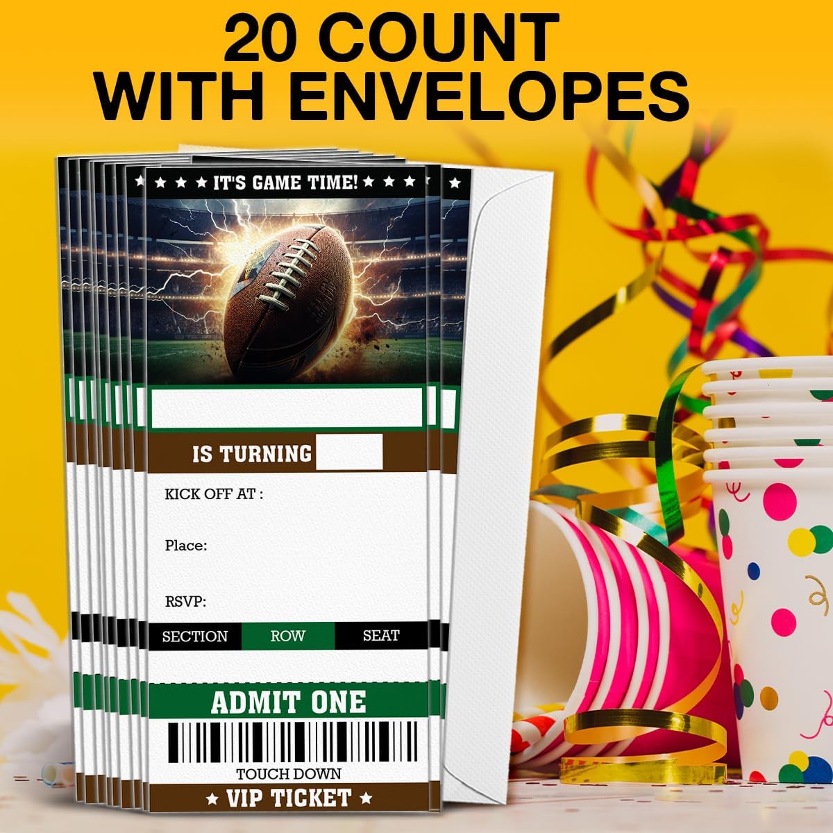 Football Birthday Invitations for Boys, Sports Football Party Invitation Cards Set of 20, Fill-in Birthday Invites with Envelopes