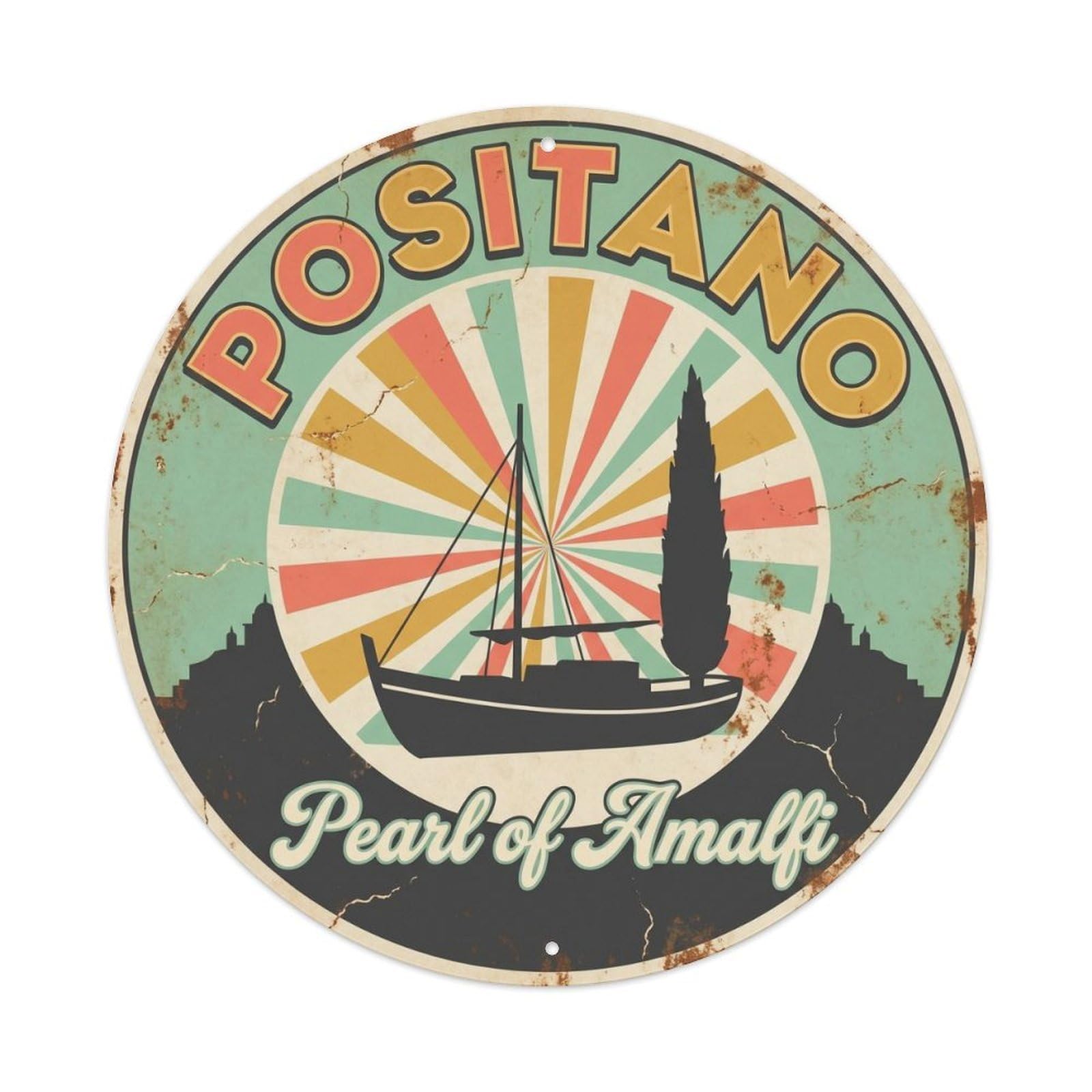 Vintage Travel Positano Italy Globetrotter Metal Tin Sign Plaque Wall Decor for Cafe, Club, Garden Round Metal Poster 8x8Inch