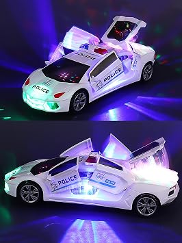 Toy Cars, Police Car Toys for Boys 3-5, Police Car Spinning Toy with Music Lights and Siren, Automatic Door Opening Spin Toy for Outdoor Indoor Kids Gifts (White)
