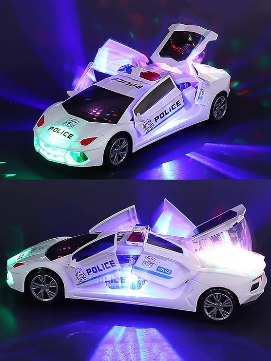 Toy Cars, Police Car Toys for Boys 3-5, Police Car Spinning Toy with Music Lights and Siren, Automatic Door Opening Spin Toy for Outdoor Indoor Kids Gifts (White)
