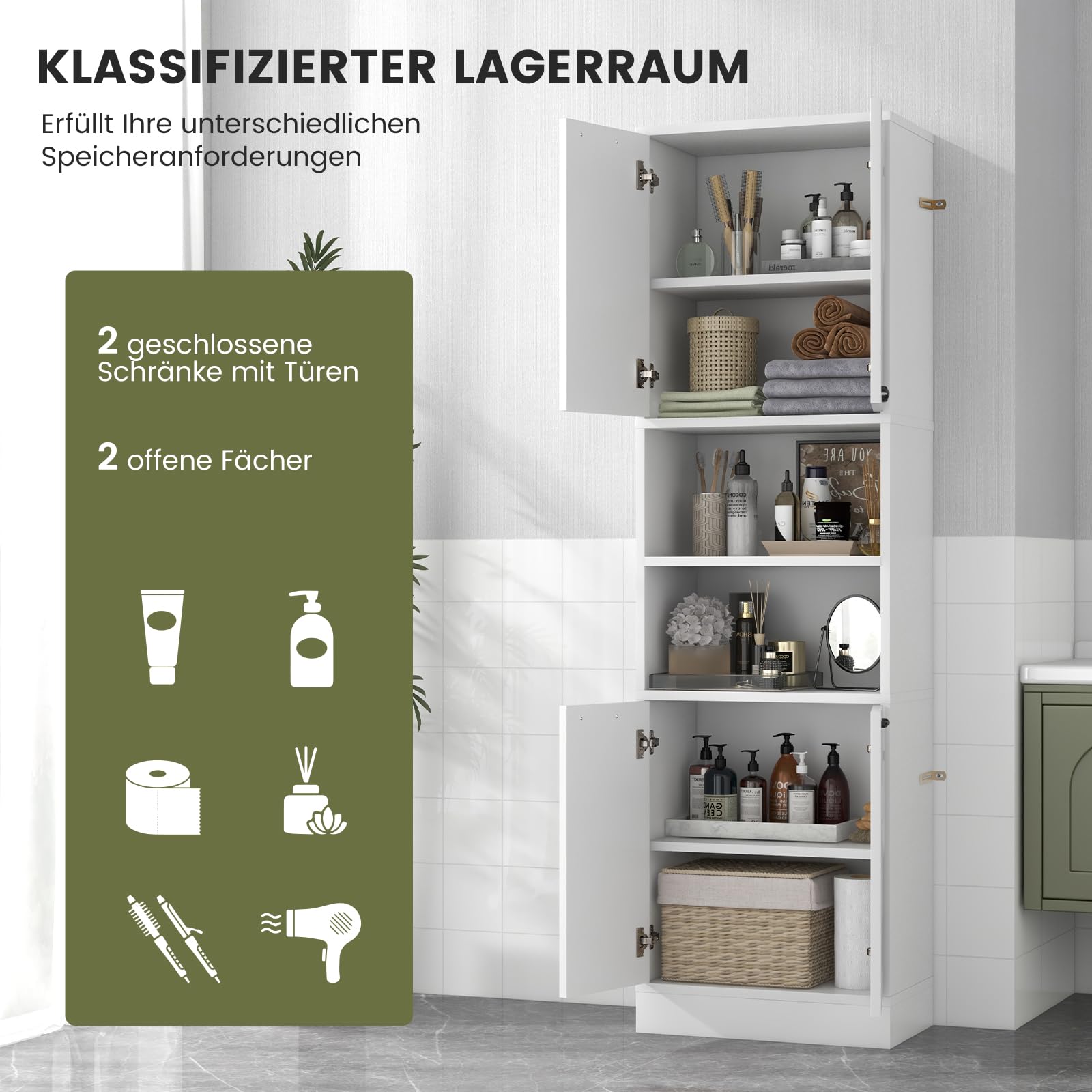 GIANTEX Badschrank Hochschrank, Badezimmerschrank 190 cm Hoch, Badkommode Aufbewahrungsschrank 6 Regalen & 4 Türen, Mehrzweckschrank Sideboard Küchenschrank Vorratsschrank 56x30x190 cm (Weiß)