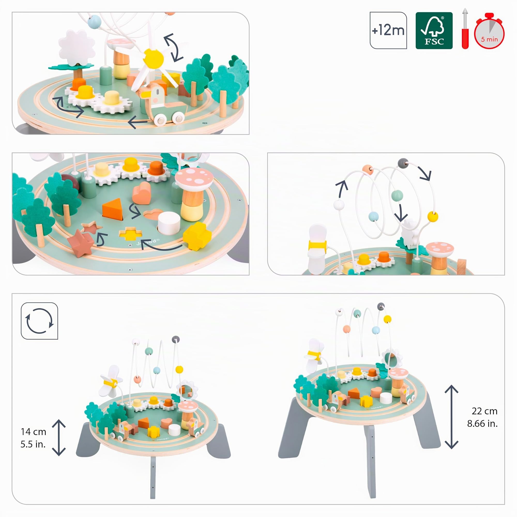 Janod - Tavolo Multiattività in Legno Sweet Cocoon - 9 attività per Bambini - Multisensoriale - Sviluppa Le Abilità Fino-Motorie - Tavolo in Legno FSC - Tema Giardino - dai 12 Mesi, J04045